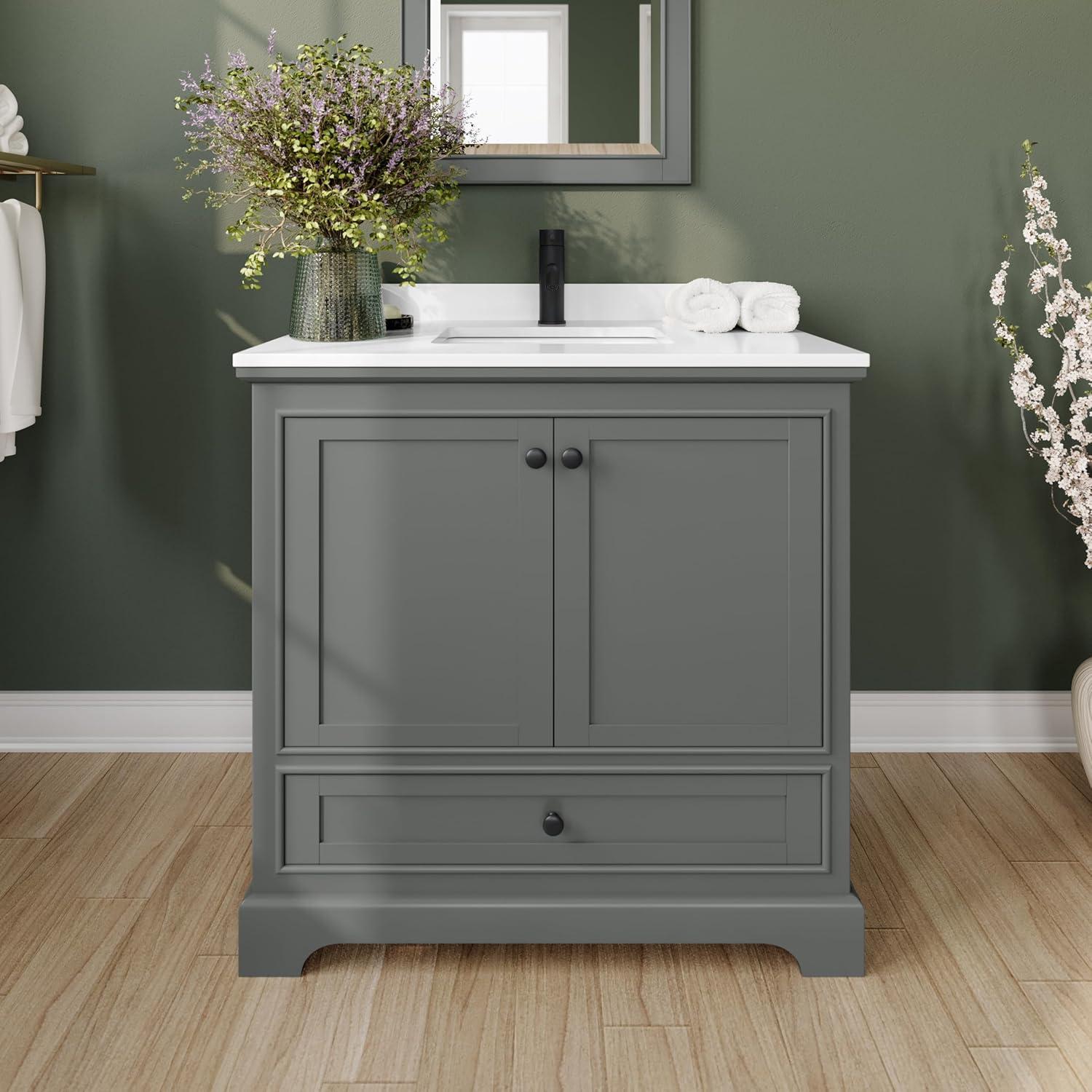 Wyndham Collection Deborah 36 Inch Single Bathroom Vanity in Dark Gray, White Cultured Marble Countertop, Undermount Square Sink, Matte Black Trim, 24 Inch Mirror