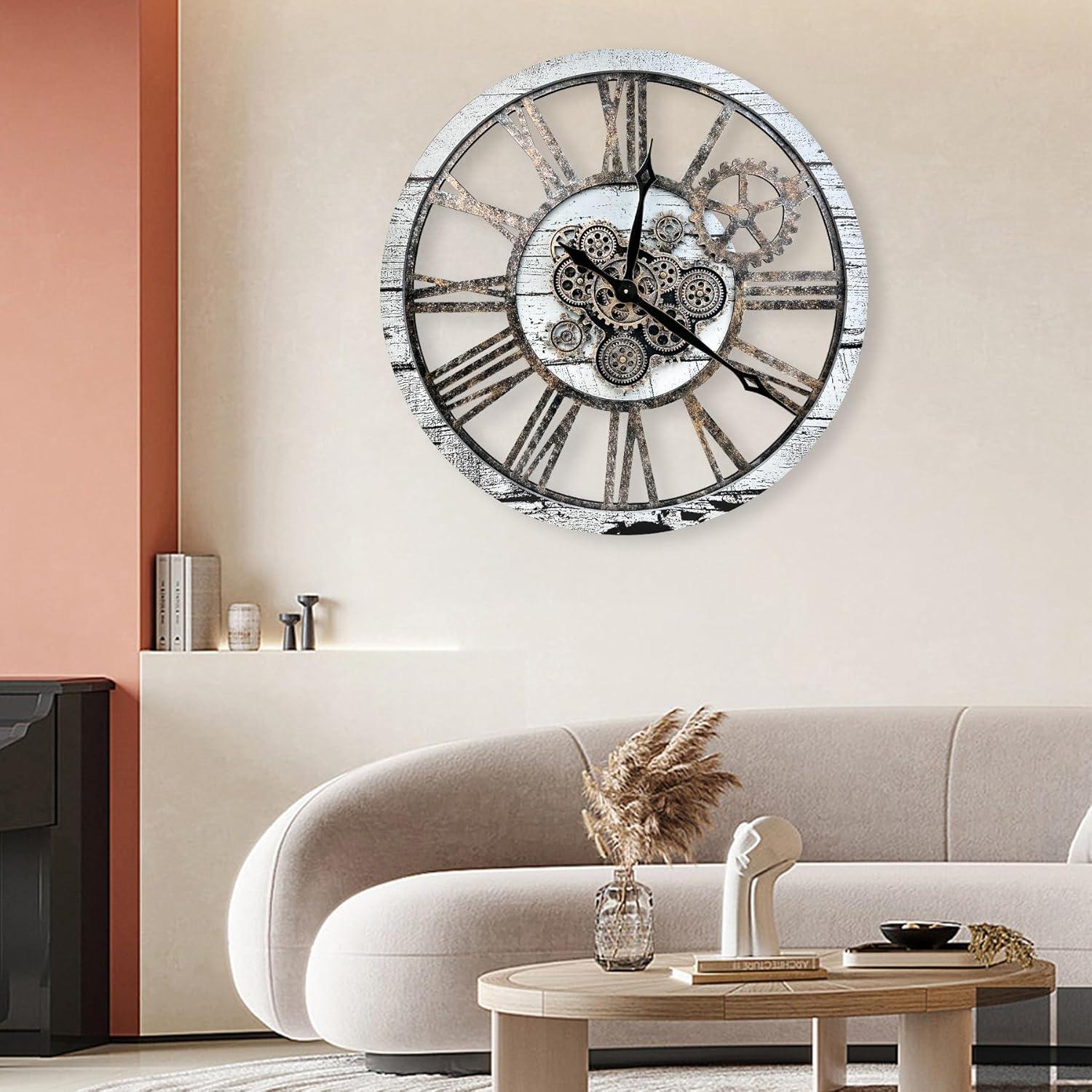 THE GEARS CLOCK Wall Clock with Real Moving Gears AM-LI_ 36 in Round White-Farmhouse