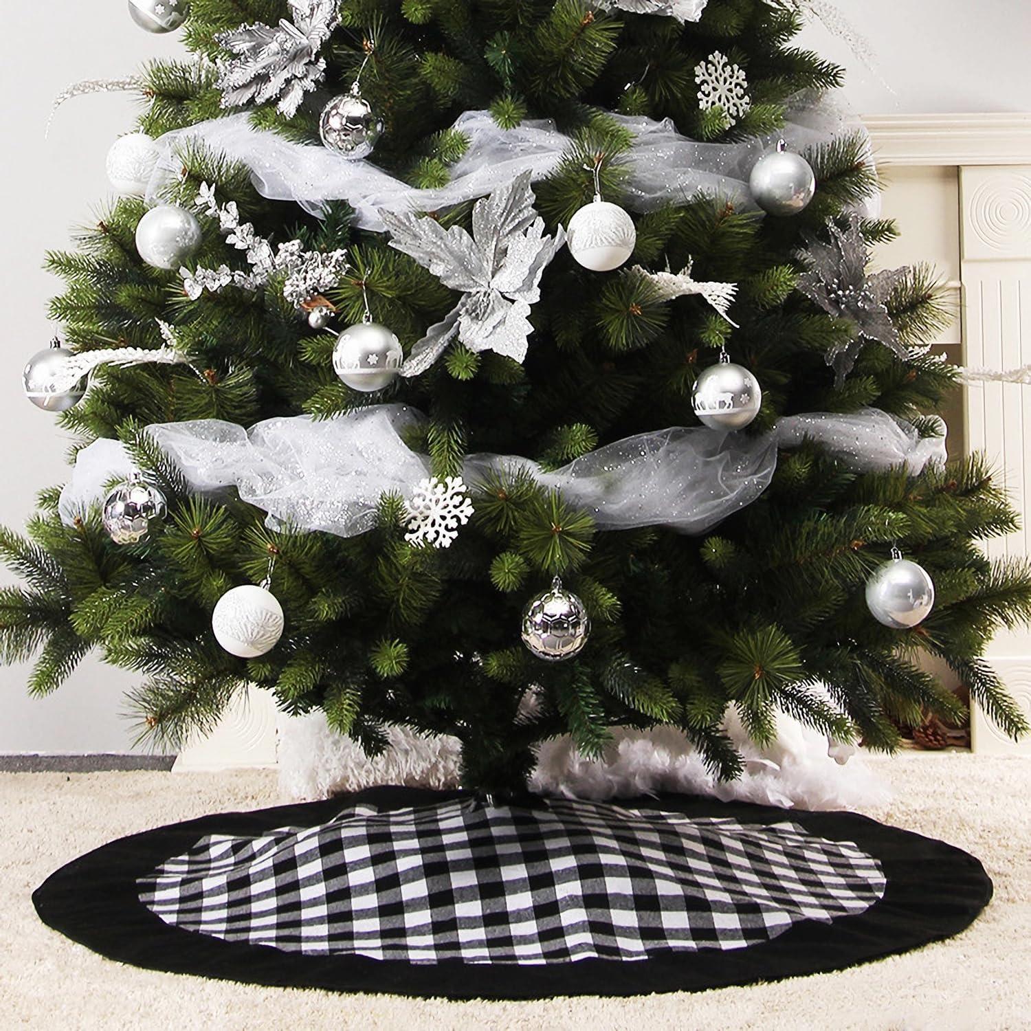 Christmas Tree Skirt 48 inch Large, Double Layer Black and White Plaid Buffalo Slim Checked Tree Mat for Xmas Country Farmhouse Holiday Party Decoration Christmas Ornaments