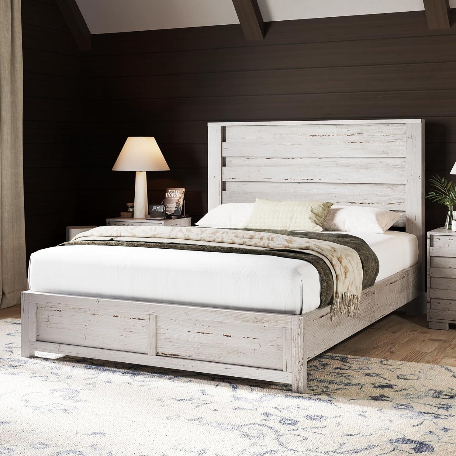 Distressed White Full Size Wood Platform Bed with Headboard