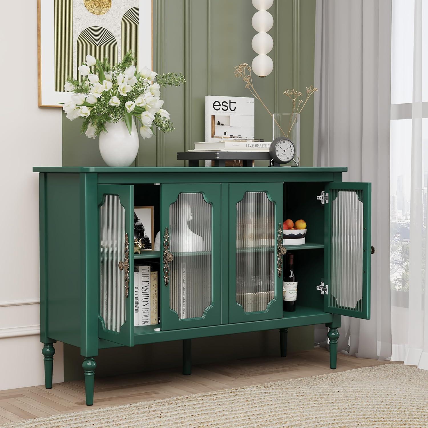 Green Mid-Century Modern Buffet Cabinet with Glass Doors