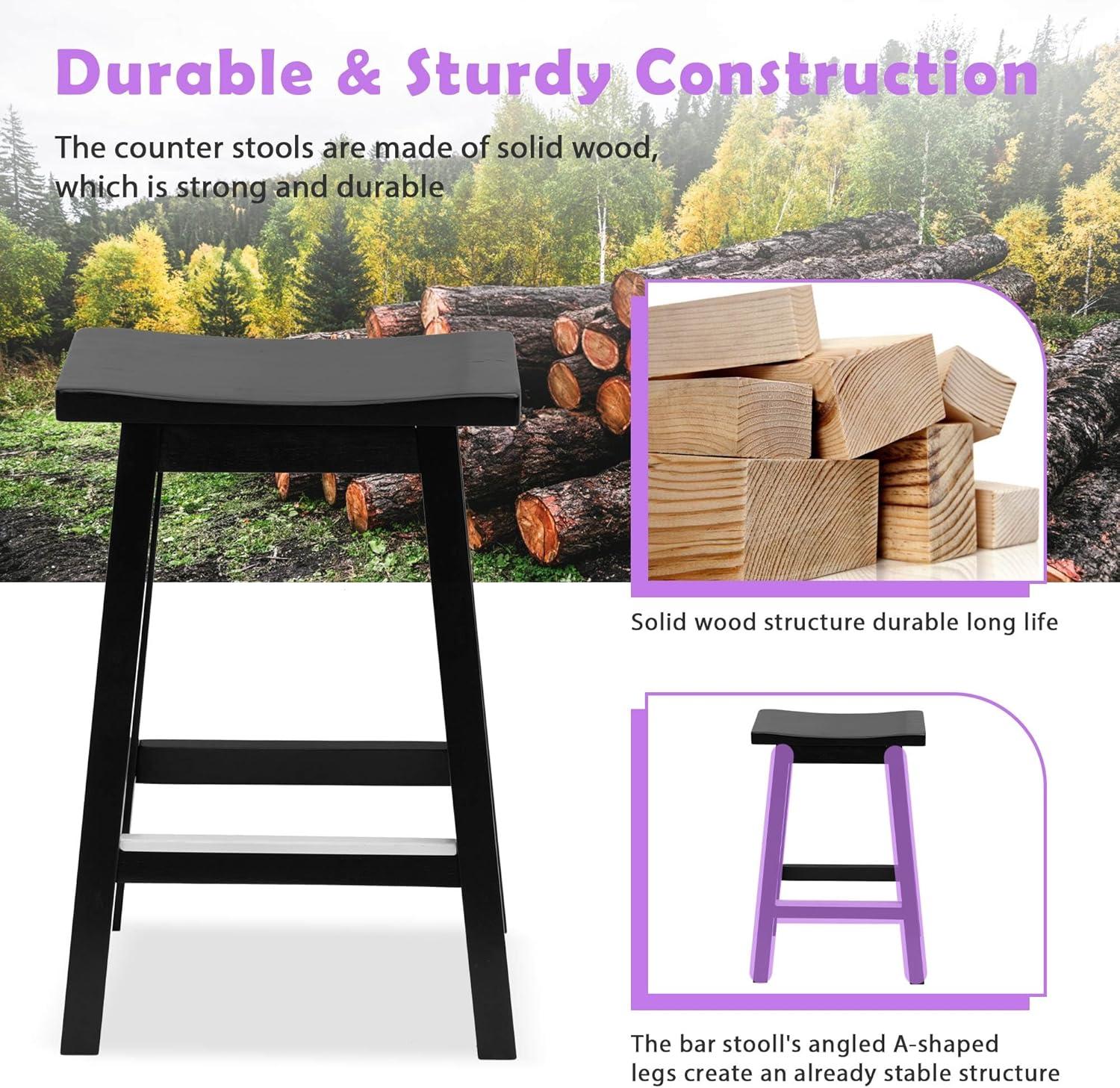 QuellQuest Bar Stools Set of 2 for Kitchen Counter Solid Wooden Saddle Stools 24-Inch/30-Inch Height (Brown, 24 in)