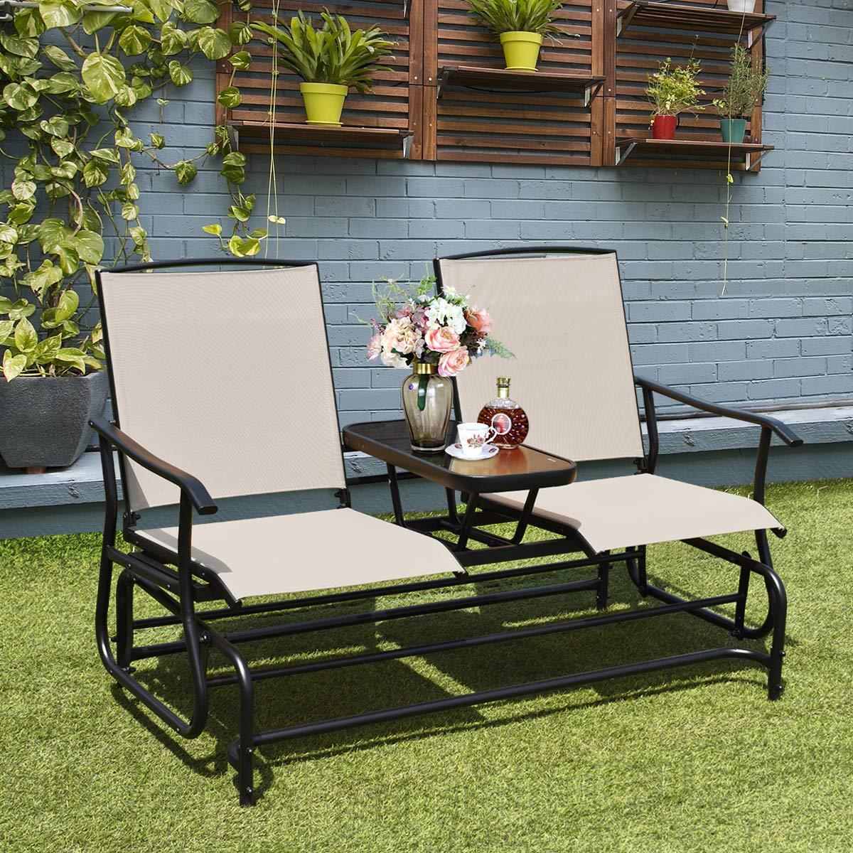 Red Barrel Studio® Patio Bench Glider Chair with Metal Frame, Center Tempered Glass Table, Outside Double Rocking Swing Loveseat for Porch, Garden, Poolside, Balcony, Lawn Rocker Outdoor Glider Bench | Wayfair