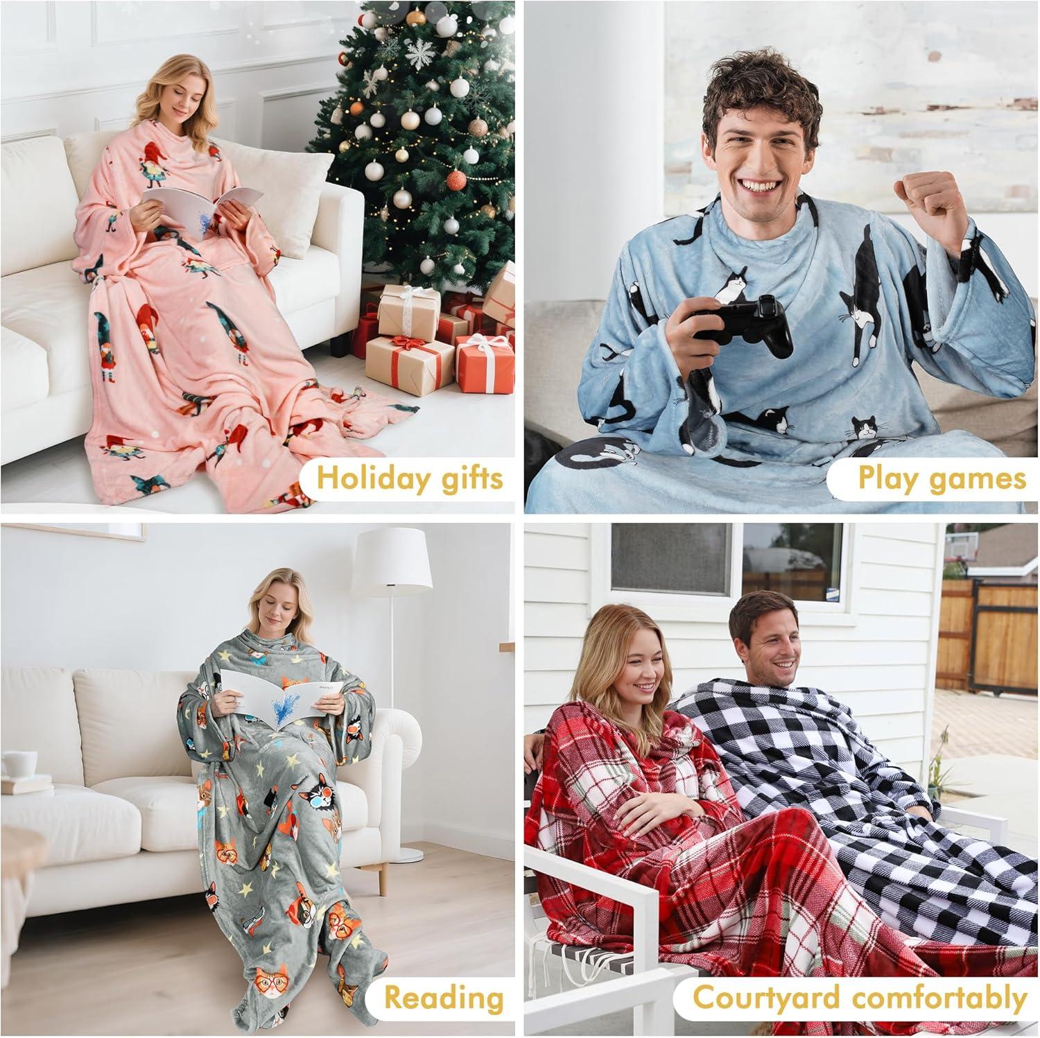 Catalonia Wearable Fleece Blanket with Sleeves & Foot pockets for Men Women, Plush Wrap Sleeved Throw Blanket