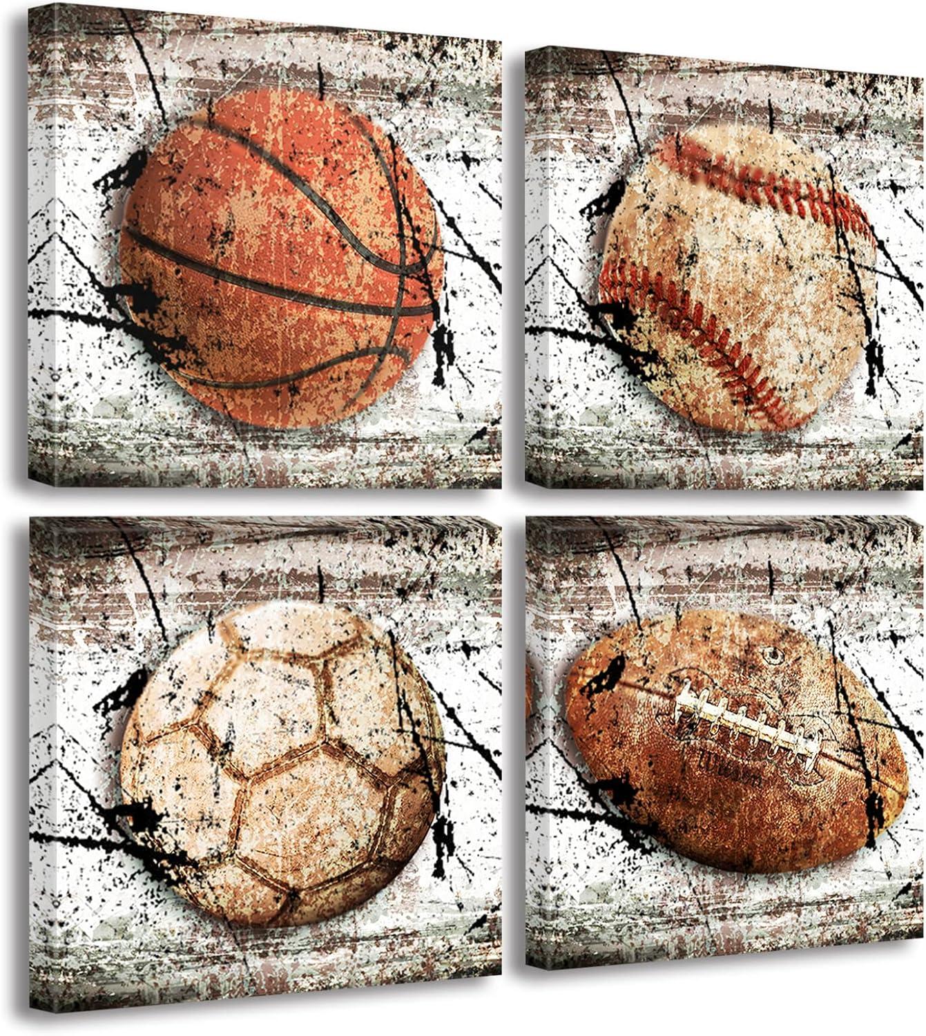 Boys Room Decor Wall Art - Sports Wall Decor for Boys Bedroom Rustic Soccer Football Baseball Basketball Decoration Posters Canvas Print Vintage Ball Theme Pictures Artwork Framed 12"W x12"H x4