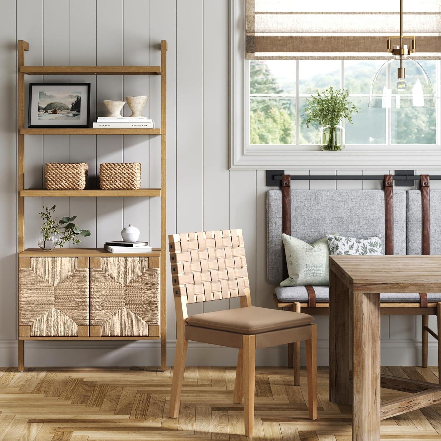 Brown Wood 3-Shelf Bookcase with Seagrass Doors