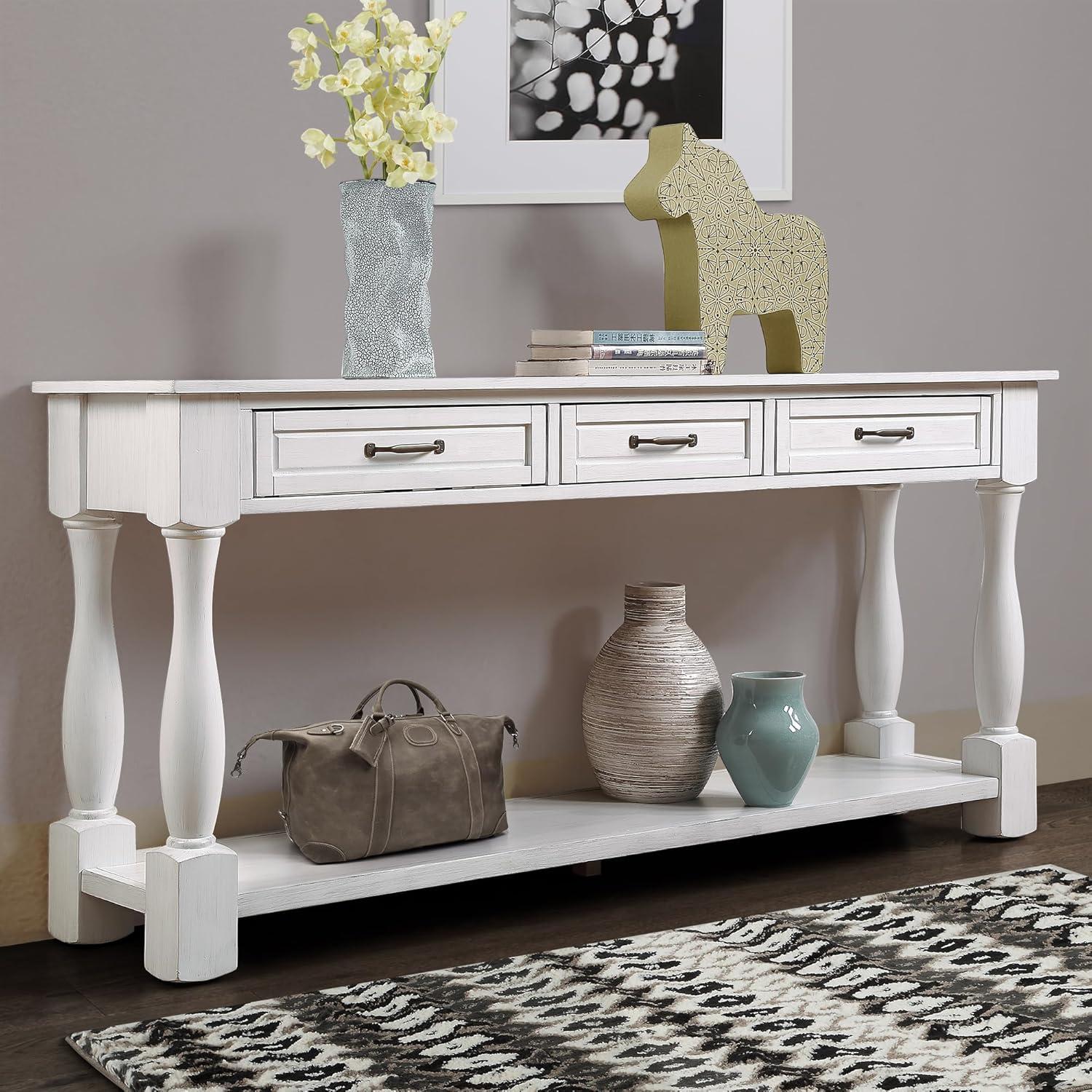 Antique White Pine Wood Console Table with Storage Drawers