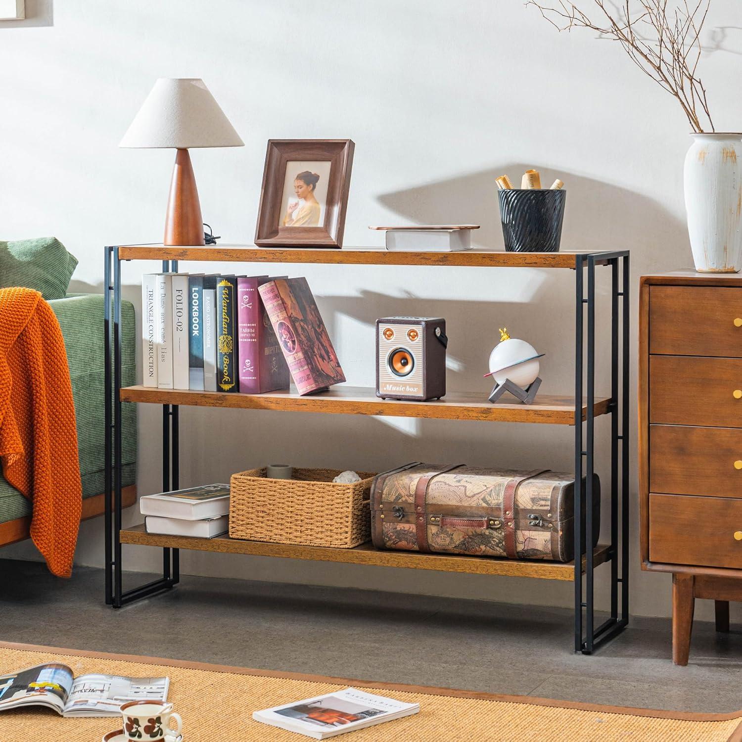 Rustic Brown 3-Tier Wood and Metal Industrial Bookshelf