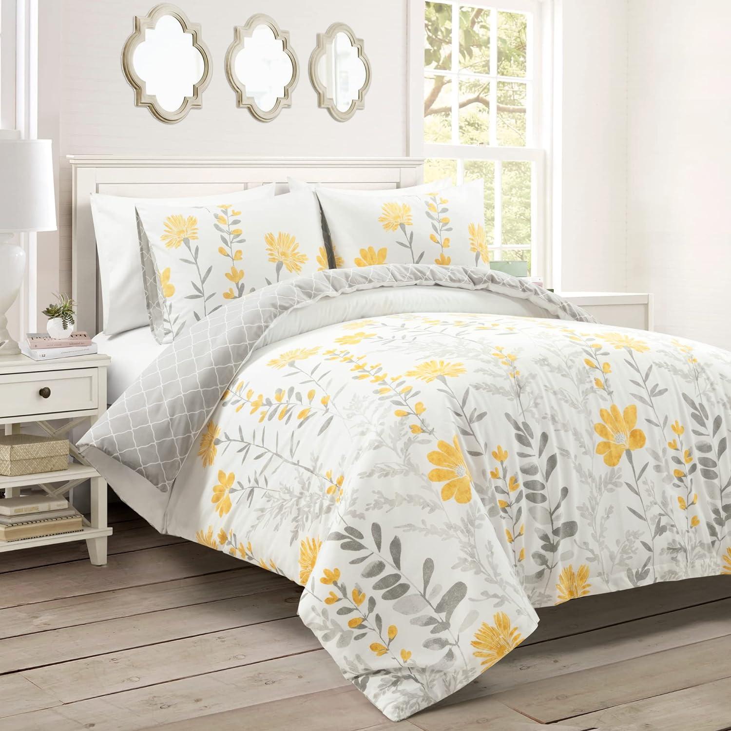 3pc Aprile Cotton Duvet Cover Set Yellow/Gray - Lush Décor