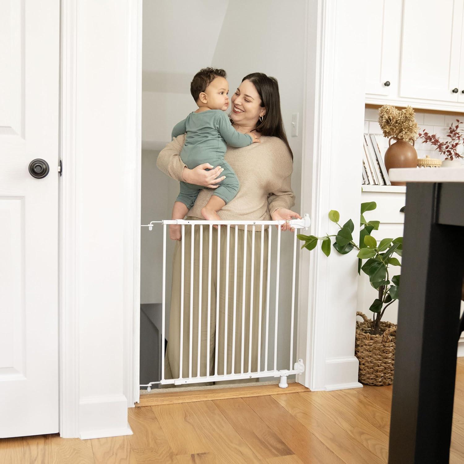 White Metal Swinging Stairway Baby Gate, 28-42 Inches