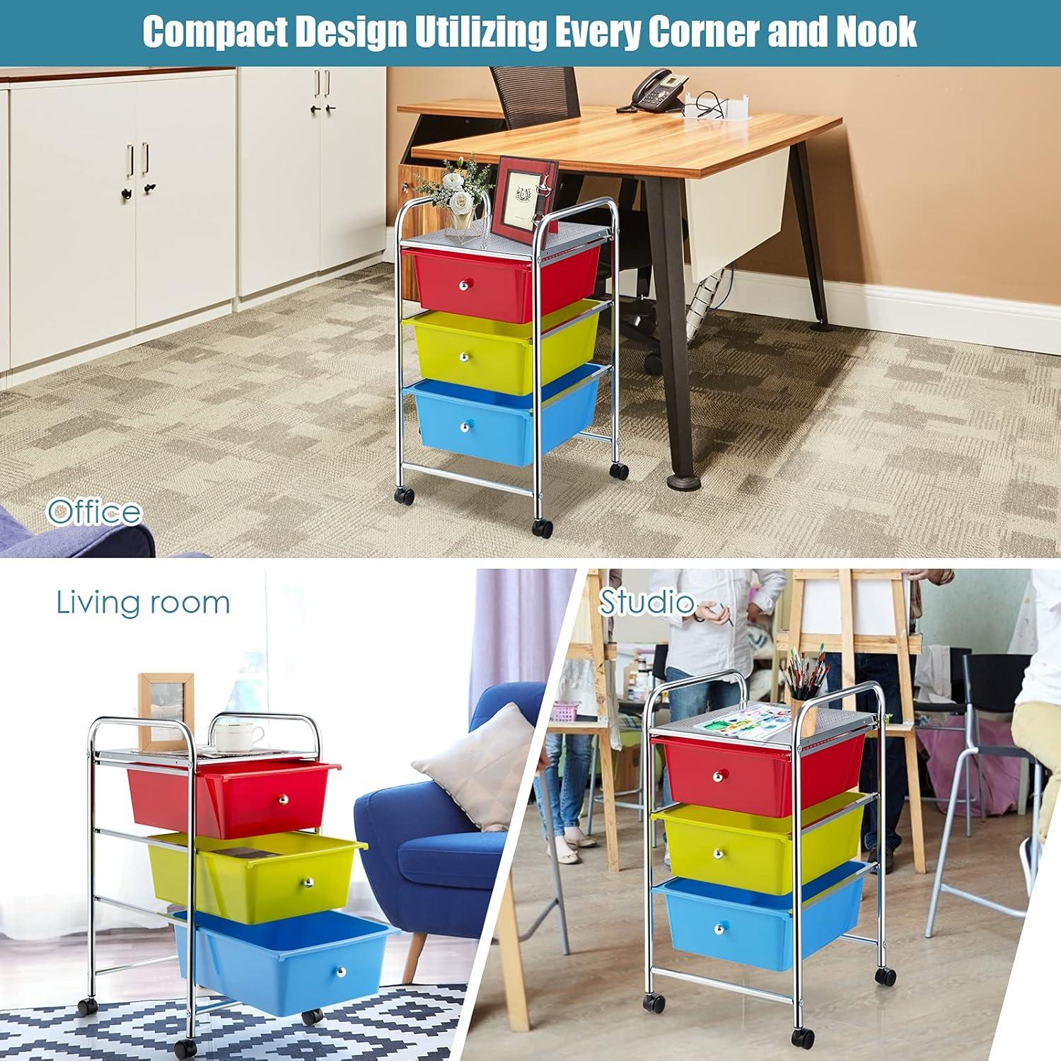 Multicolor 3-Drawer Rolling Storage Cart with Plastic Drawers