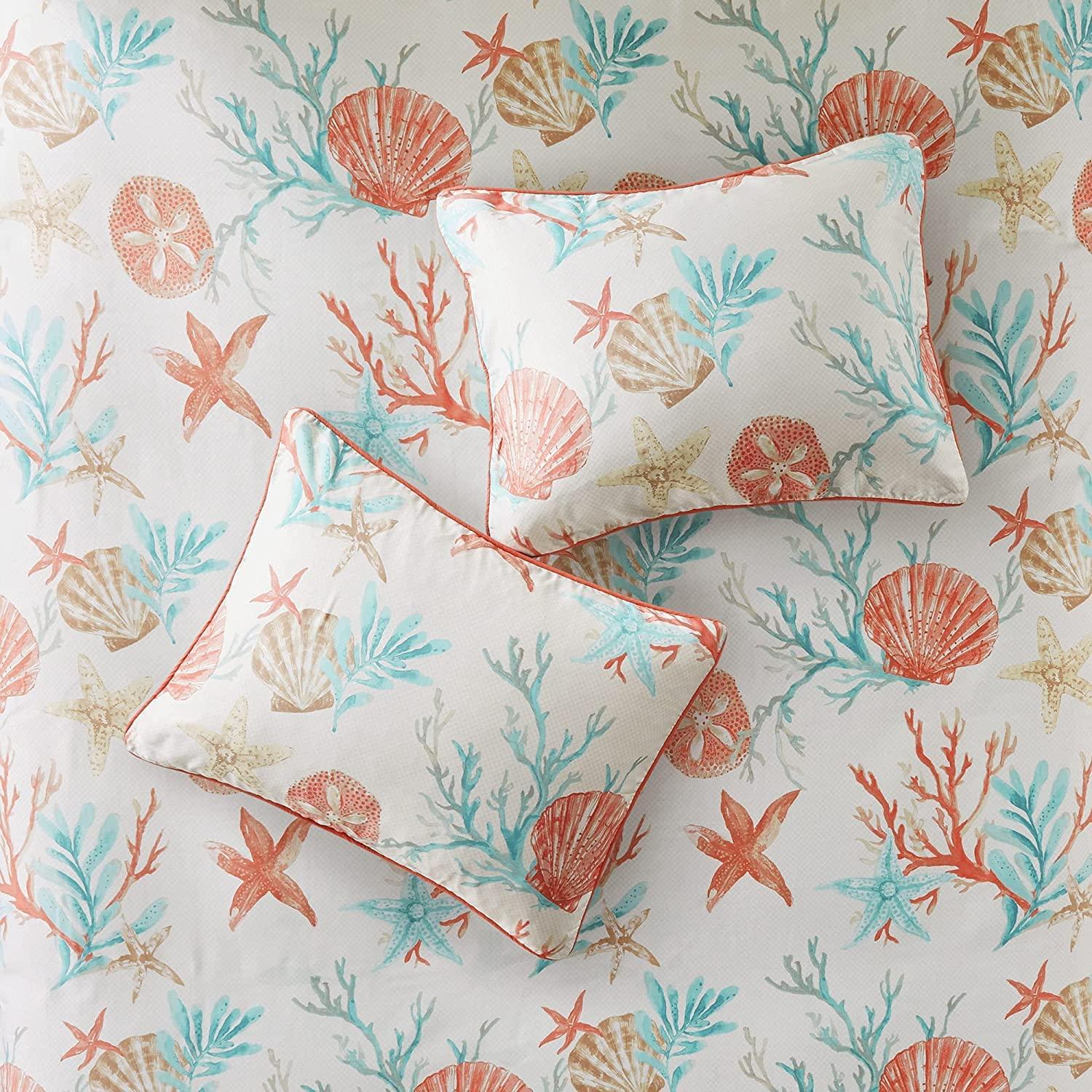 Coral and Teal Coastal Cotton Duvet Cover Set, Full/Queen, 6 Pieces