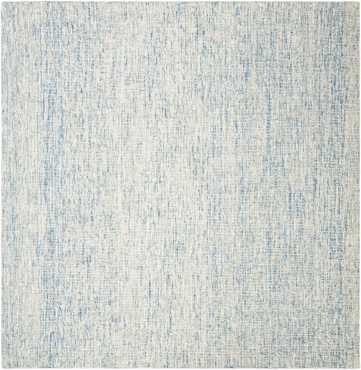 Ivory and Blue 4' Square Hand-Tufted Wool Abstract Rug