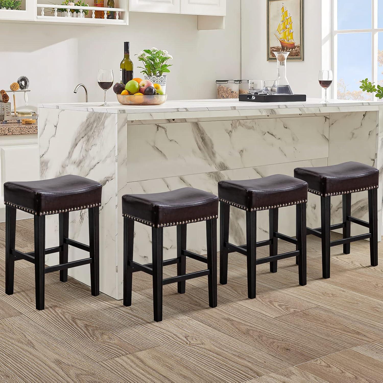 Bar Stools Set of 2, 26" Faux PU Leather Upholstered Counter Height Backless Saddle Stools with Nailhead Trims and Solid Wood Legs Farmhouse Island Chairs for Kitchen Dining Room Pub, Gray