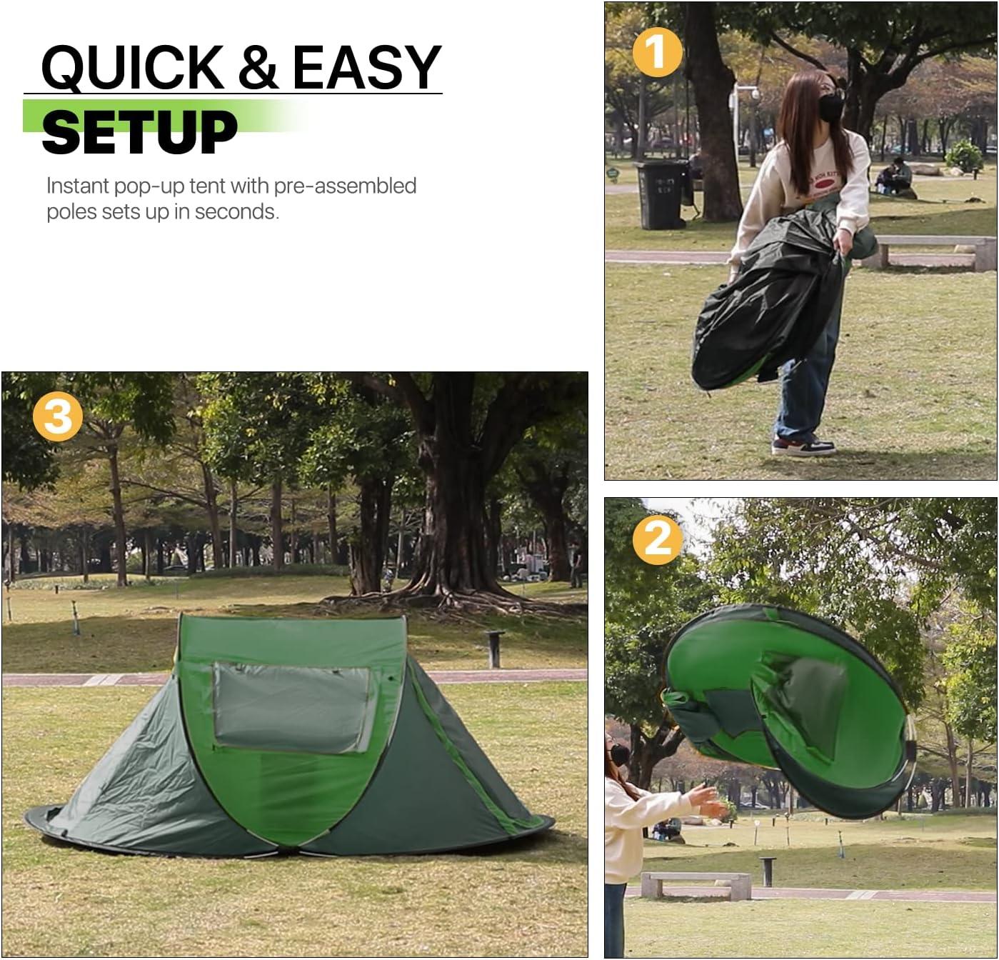 Magshion 3 Person Easy Pop Up Tent Waterproof Automatic Setup 2 Doors-Instant Family Tent for Camping Hiking Traveling, Green