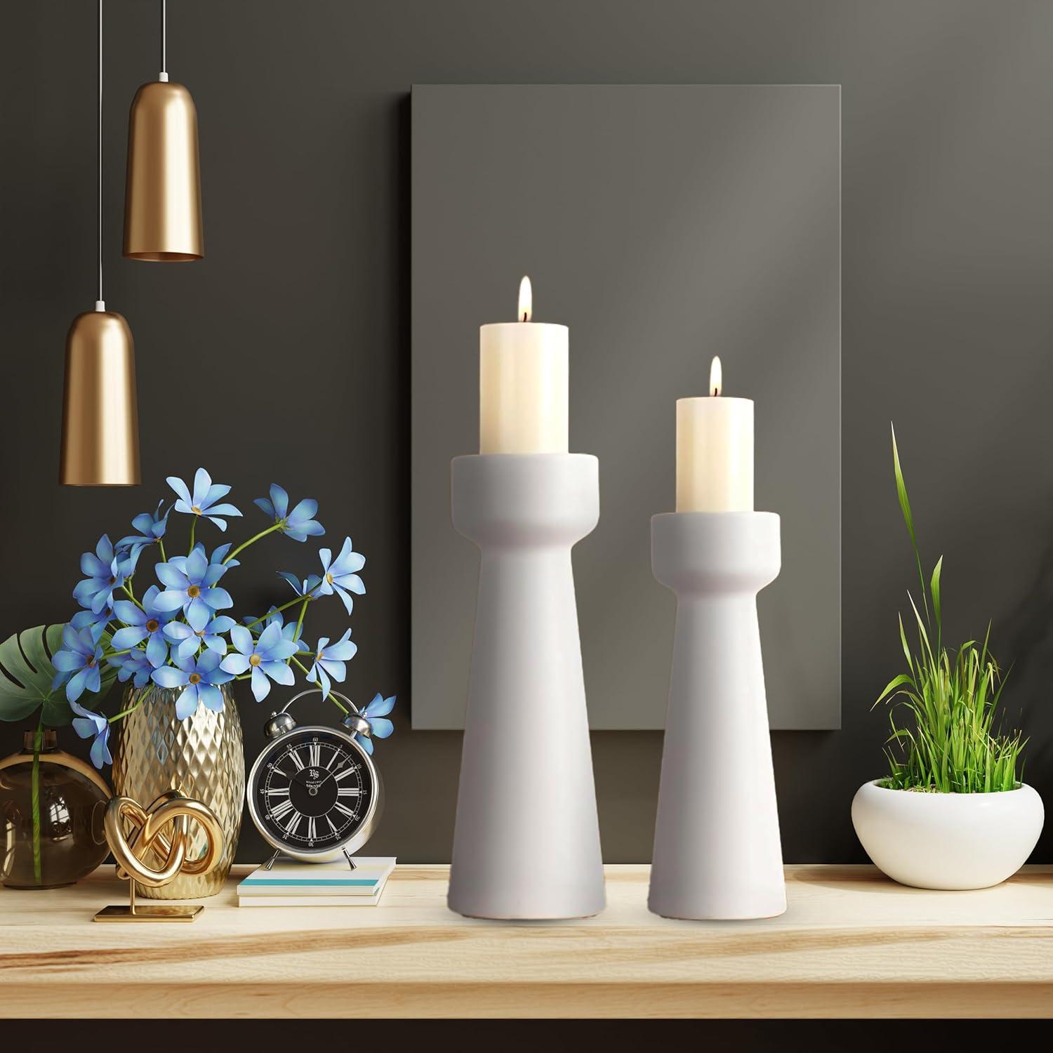 Hokku Designs Candle Holders Ceramic White Taper S&L Set Of 2 Matte Stylish Decorative Candlestick Holders