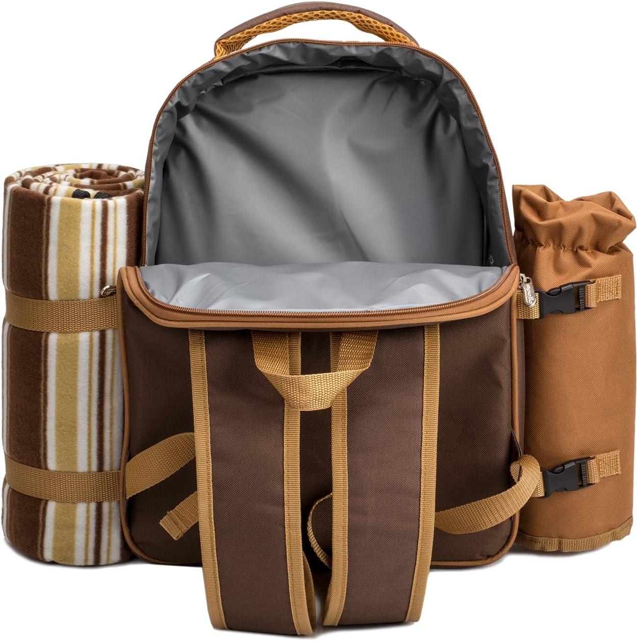 Brown Picnic Backpack for 2 with Cooler and Blanket