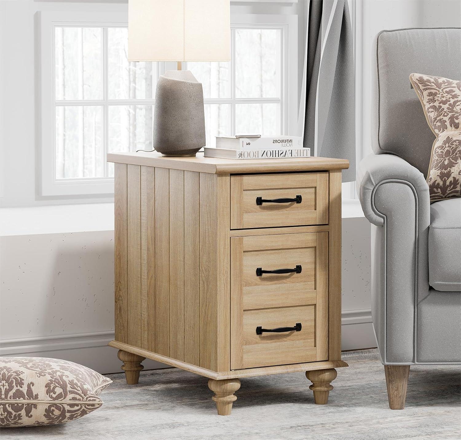 WAMPAT Farmhouse End Table with Charging Station, Light Wood Sofa Side Table with Storage Cabinet, Narrow Night Stand Bedside Table with Drawer for Living Room, Bedroom, Oak