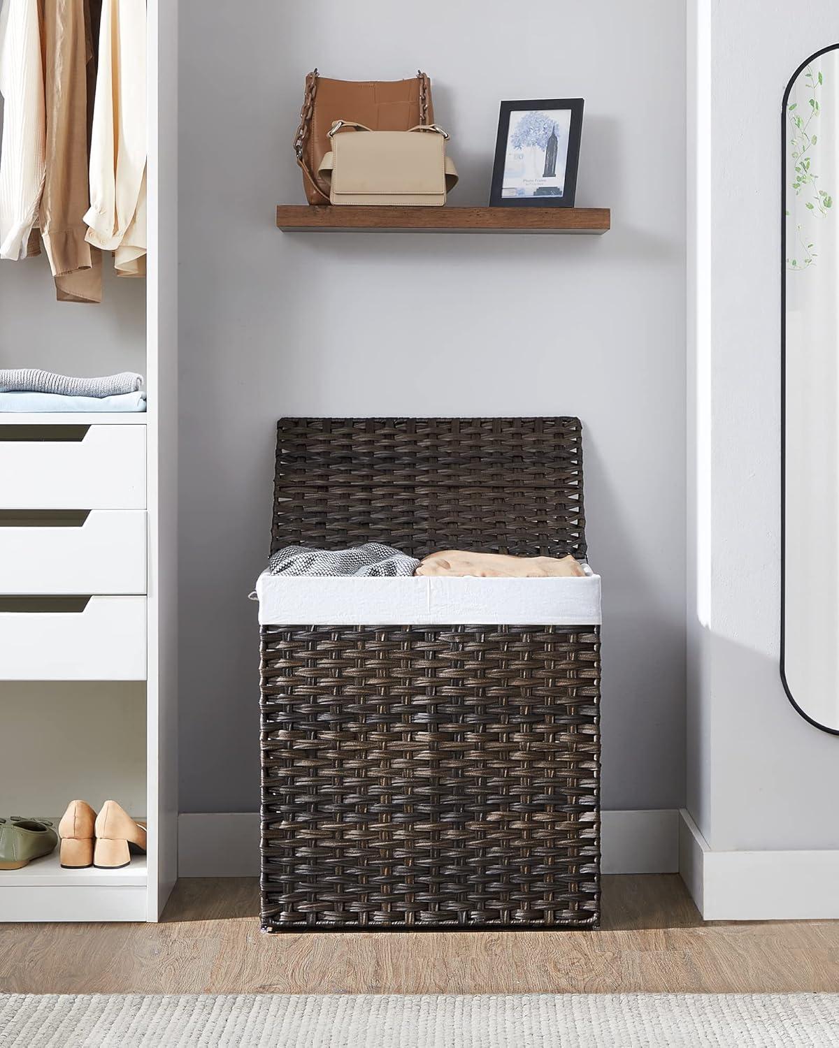 Brown Wicker Laundry Hamper with Lid and Dividers