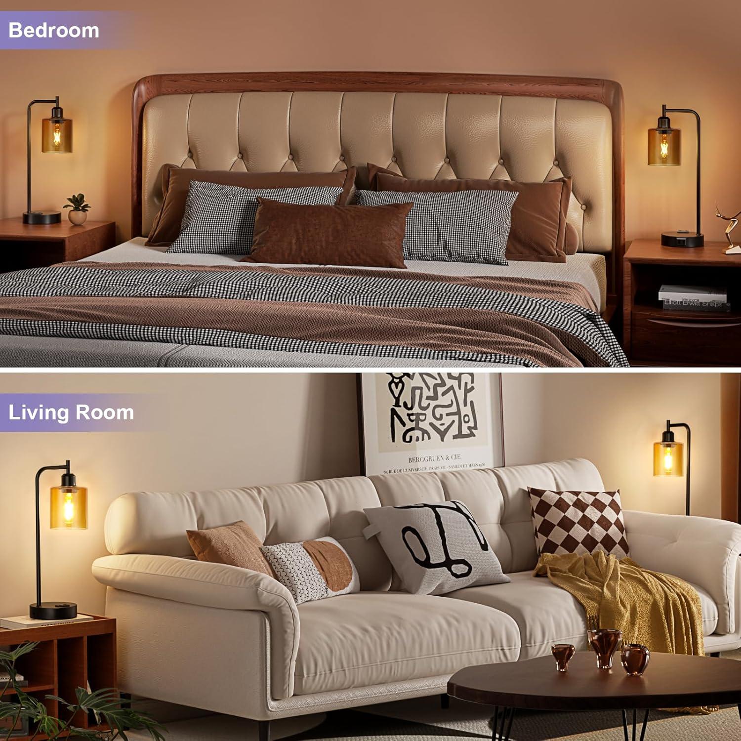 Industrial Touch Nightstand Lamps for Bedrooms Set of 2 - 3-Way Dimmable Table Lamps with USB C+A Ports and Outlet, Bedside Lamps with Amber Glass Shade for Living Room, Desk Lamps for Home Office