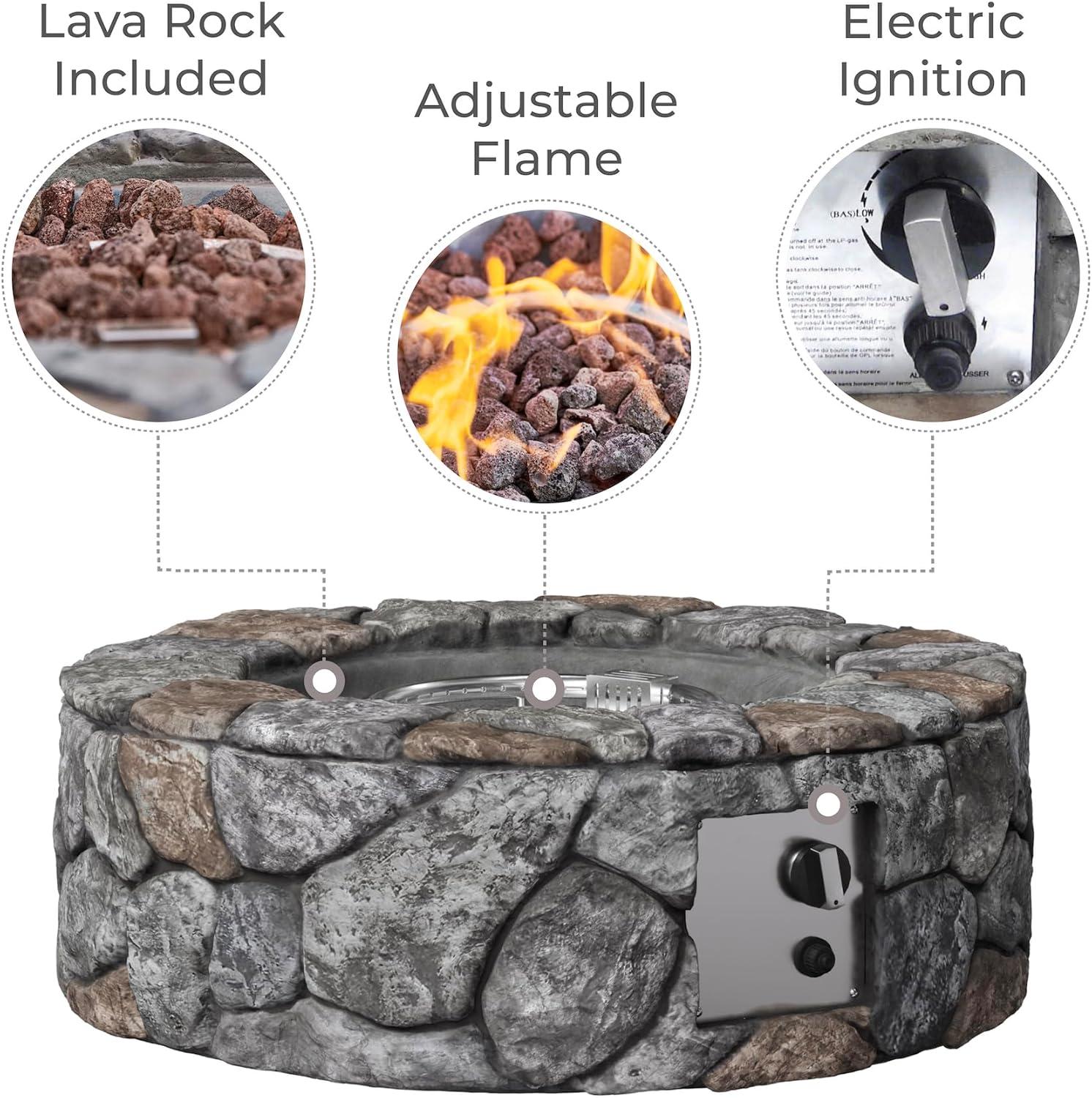 Gray 28" Round Stone Propane Gas Fire Pit