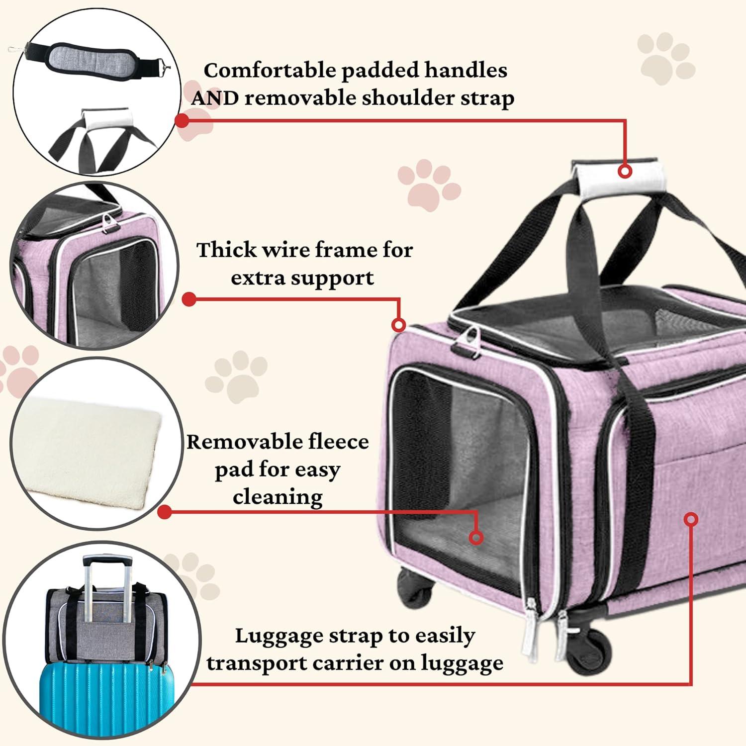 Ruff Life Airline Approved Expandable Premium Pet Carrier on Wheels- Two Sided Expandable Rolling Carrier- Designed for Dogs & Cats- Extra Spacious Soft Lined Carrier! - Pink