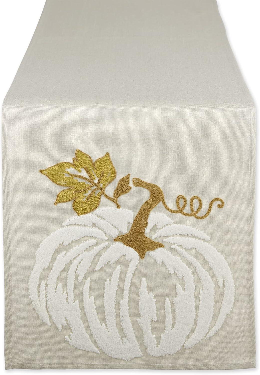 White Pumpkin Embroidered Fall Table Runner, 14x70 Polyester