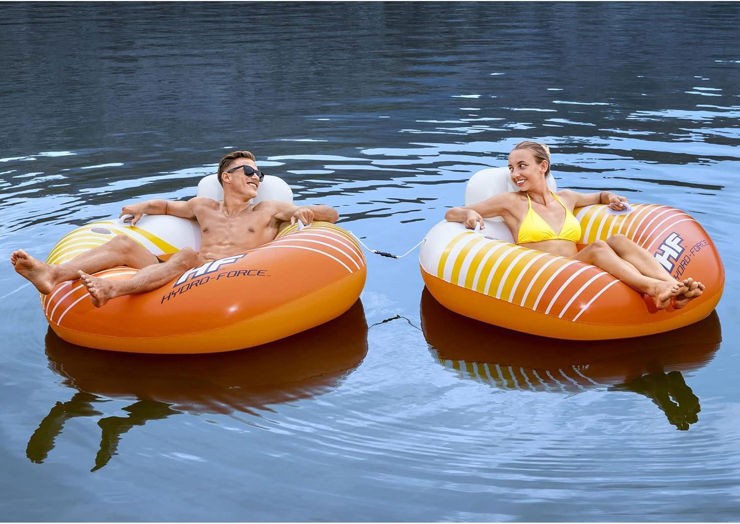 Bestway 43399E Hydro-Force Sunkissed Pool, Lake, River, Beach Inflatable PVC Clasp N Go Inner Tube Ring Float with Cup Holder, Orange and Yellow