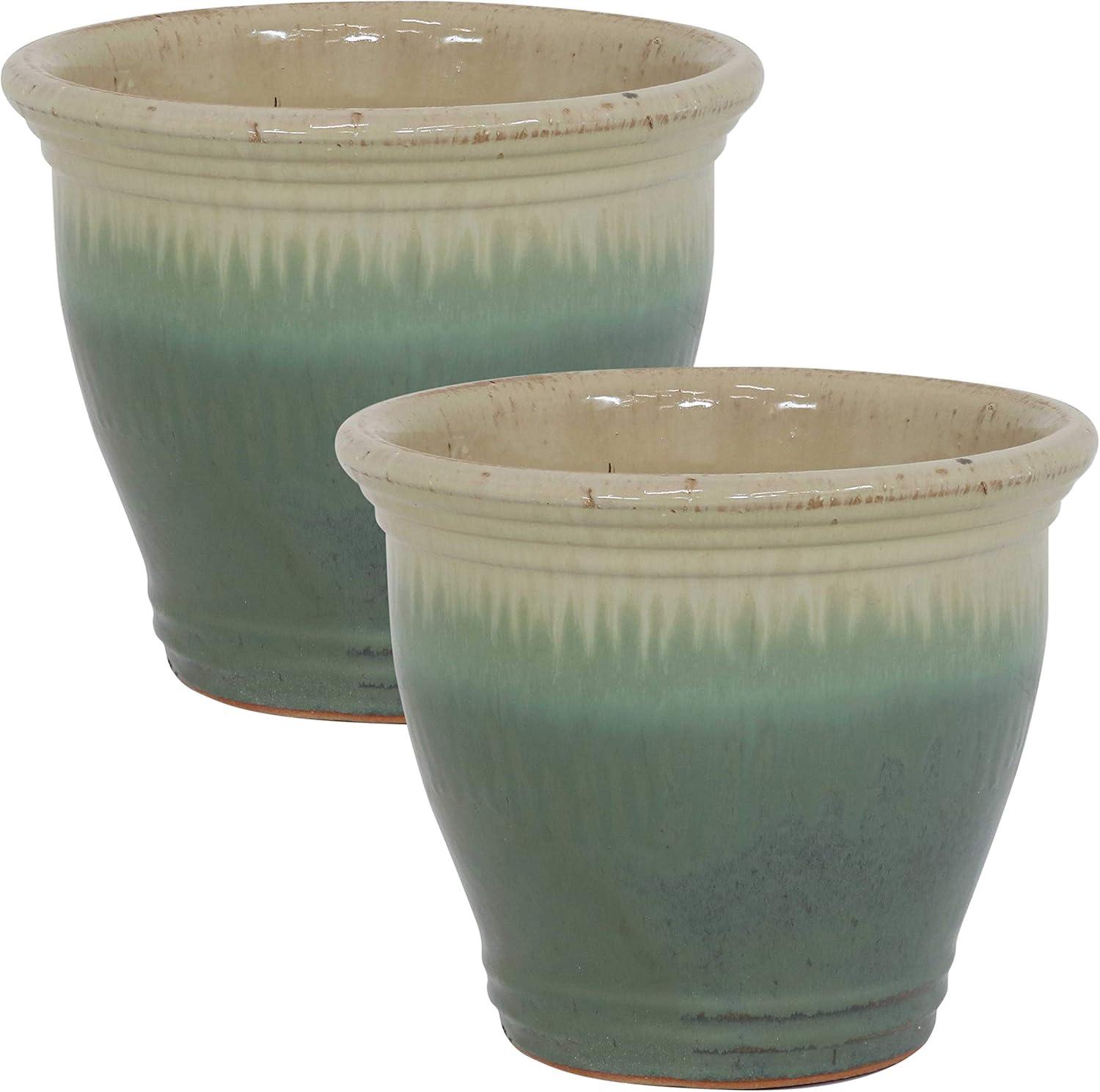 Sunnydaze Studio Outdoor/Indoor High-Fired Glazed UV- and Frost-Resistant Ceramic Planters with Drainage Holes - 11" Diameter - Seafoam - 2-Pack