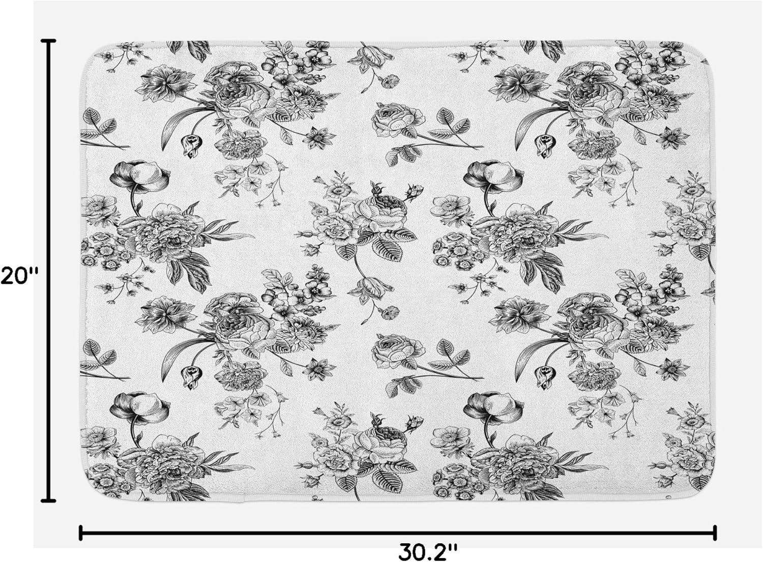 Black and White Bath Mat, Vintage Floral Pattern Victorian Classic Royal Inspired New Modern Art, Non-Slip Plush Mat Bathroom Kitchen Laundry Room Decor, 29.5 X 17.5 Inches, Black and White, Ambesonne