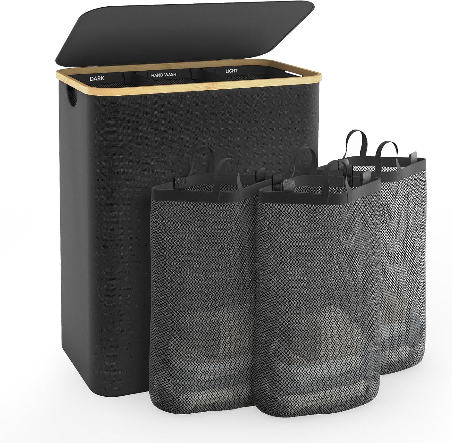 JASODI Laundry Hamper with Lid, 160L Extra Large Laundry Basket 3 Section Dirty Clothes Hamper for Laundry with Removable Laundry Bags