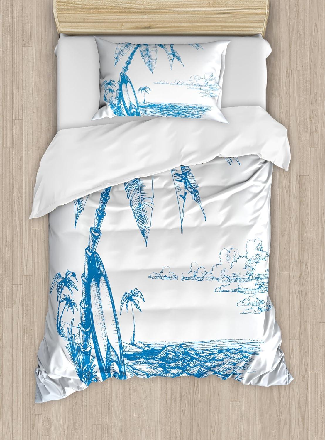 Twin Blue and White Tropical Surfboard Duvet Cover Set