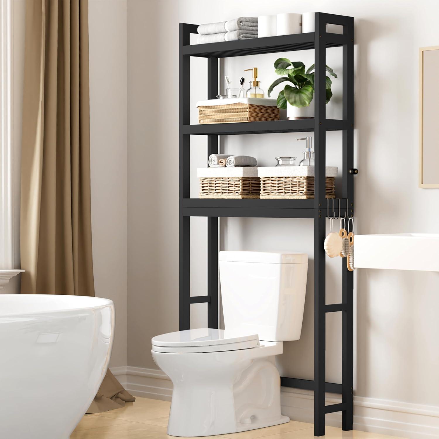Over The Toilet Storage, 4-Tier Bathroom Organizer Over Toilet with Sturdy Bamboo Shelves, Multifunctional Toilet Shelf, Easy to Assemble and Saver Space, Gray