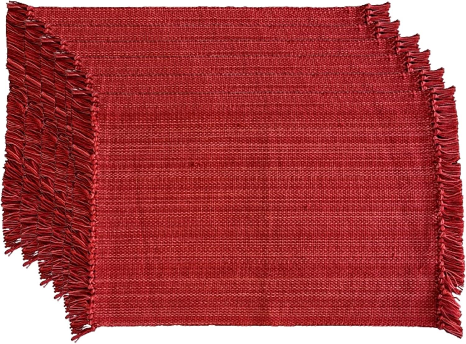 Tango Red Variegated Fringe Fabric Placemats, 13x19, Set of 6