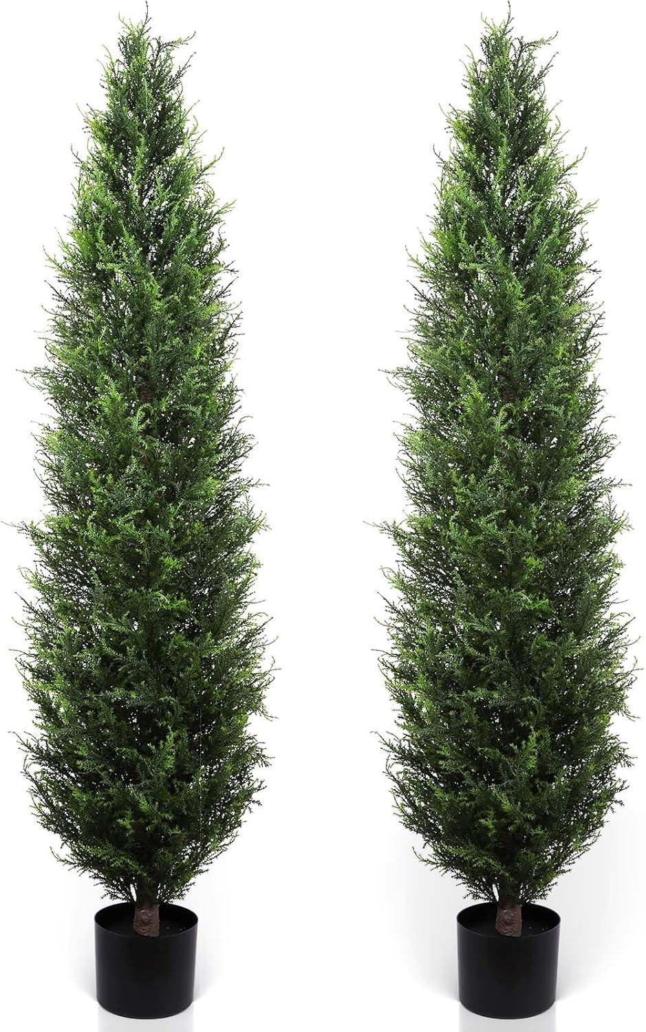 5ft Artificial Coral Cedar Tree in Pot - Realistic Indoor Decorative Faux Plant with Lifelike Branches and Leaves for Home or Office, 2 Pack