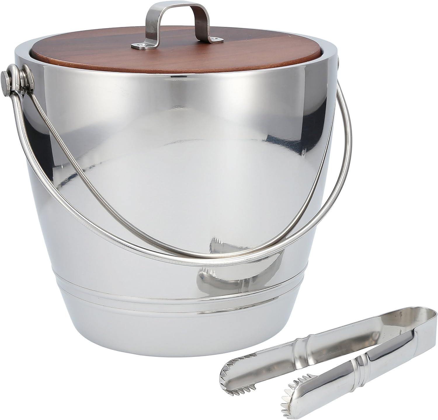 Stainless Steel Ice Bucket with Wooden Lid and Tongs