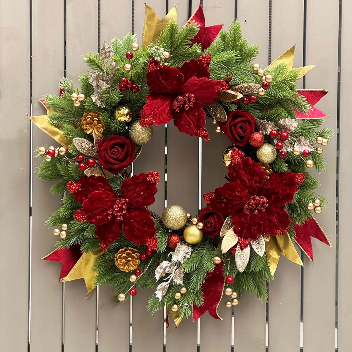 Wreaths for Front Door,Winter Wreaths for Indoor and Outdoor Decorations,Door Wreath with Red Flowers and Golden Ball,Pine Cones,Leaves,Ribbons,Berries for Decor