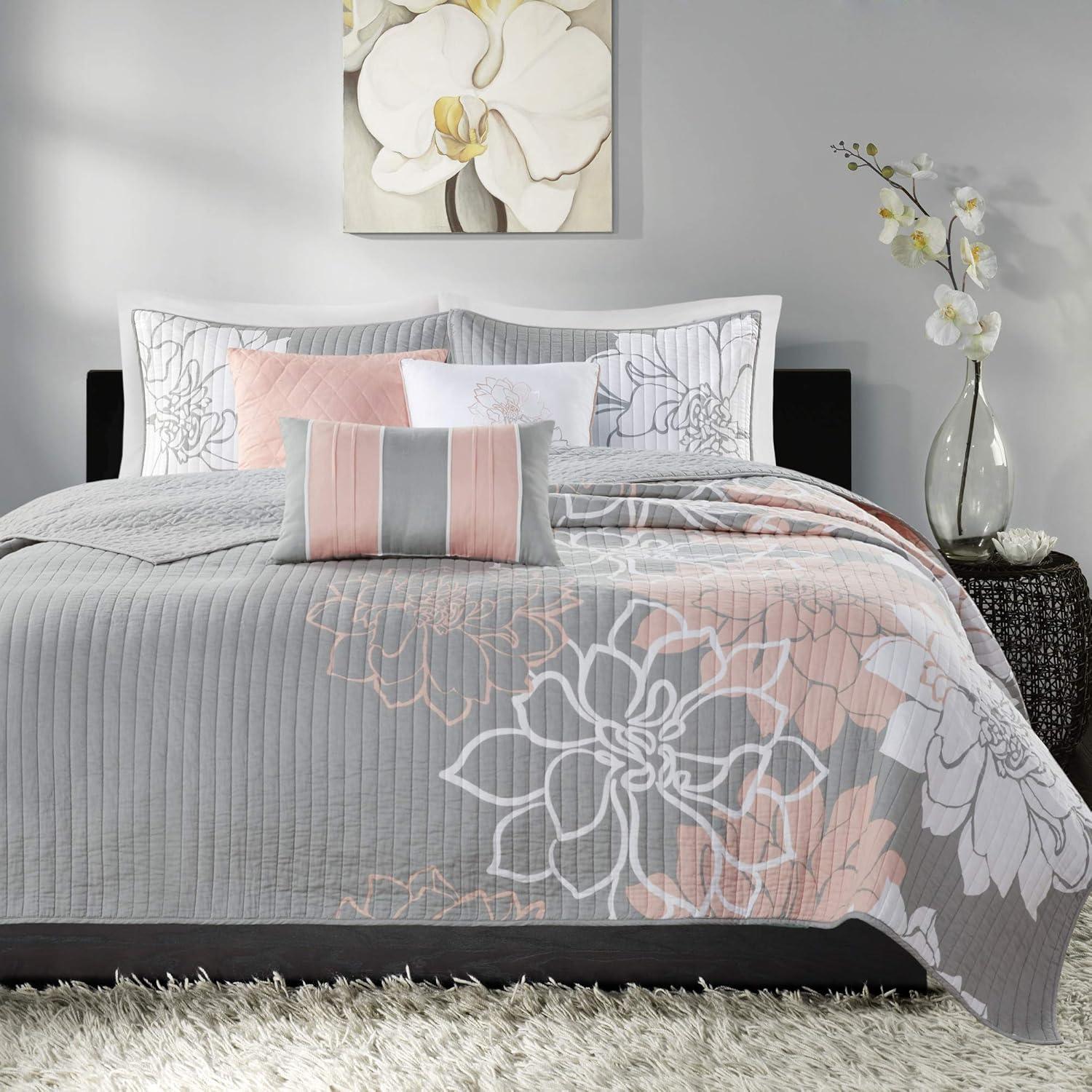 King Gray Floral Reversible Cotton Quilt Set