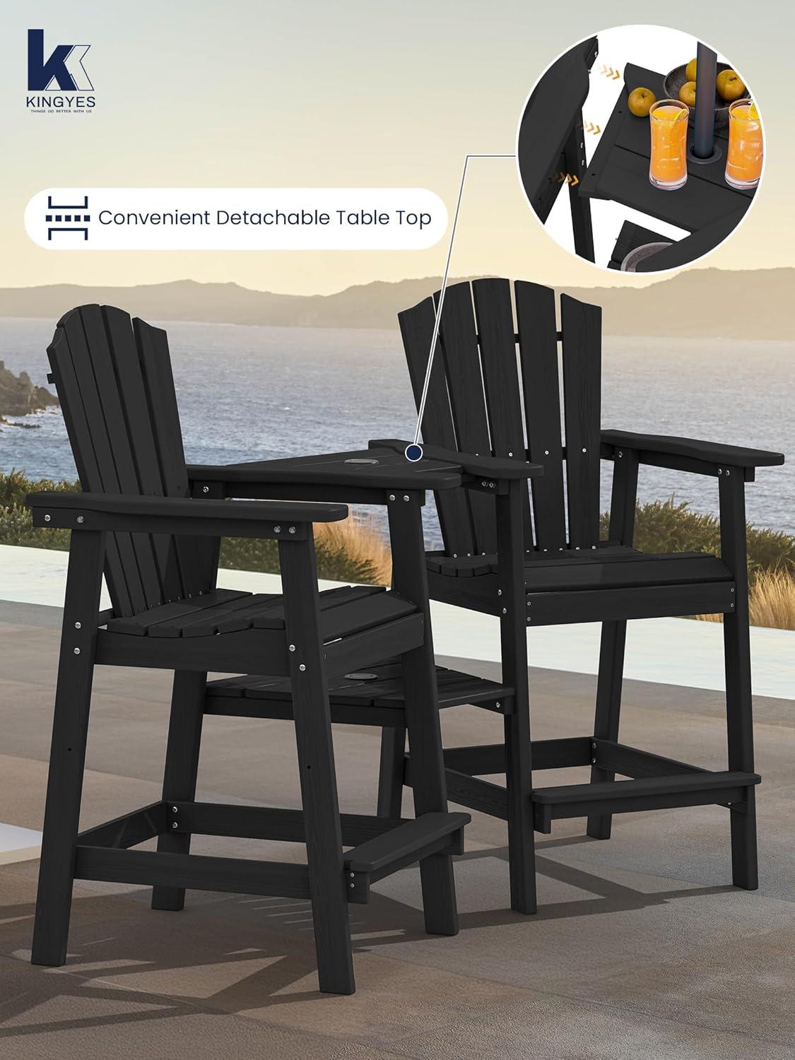 JUSTLET Tall Plastic Adirondack Chair Set of 2 W/ Outdoor Barstools and Connecting Tray, Brown