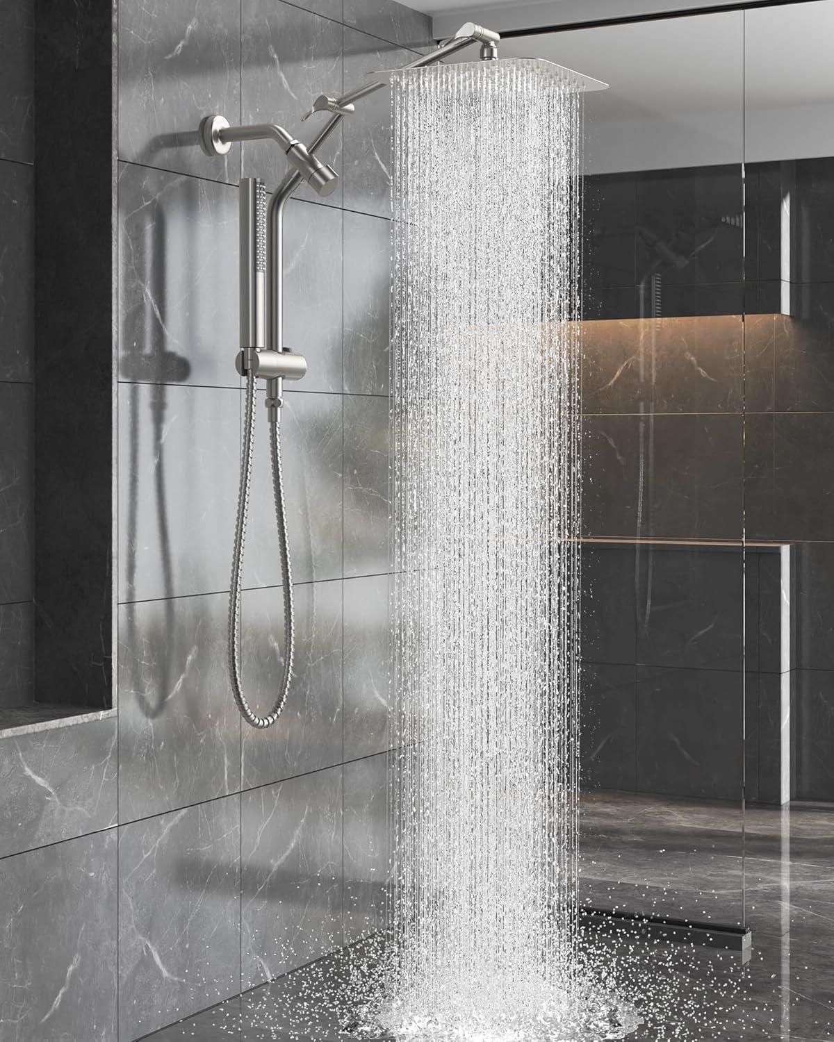 Veken Brushed Nickel Shower Head, 10'' All Metal Rain Shower Heads with Handheld Spray Combo, Hand Held Bathroom Combo with Extension Arm, Dual shower with Power Wash, Adjustable Rainfall Showerhead