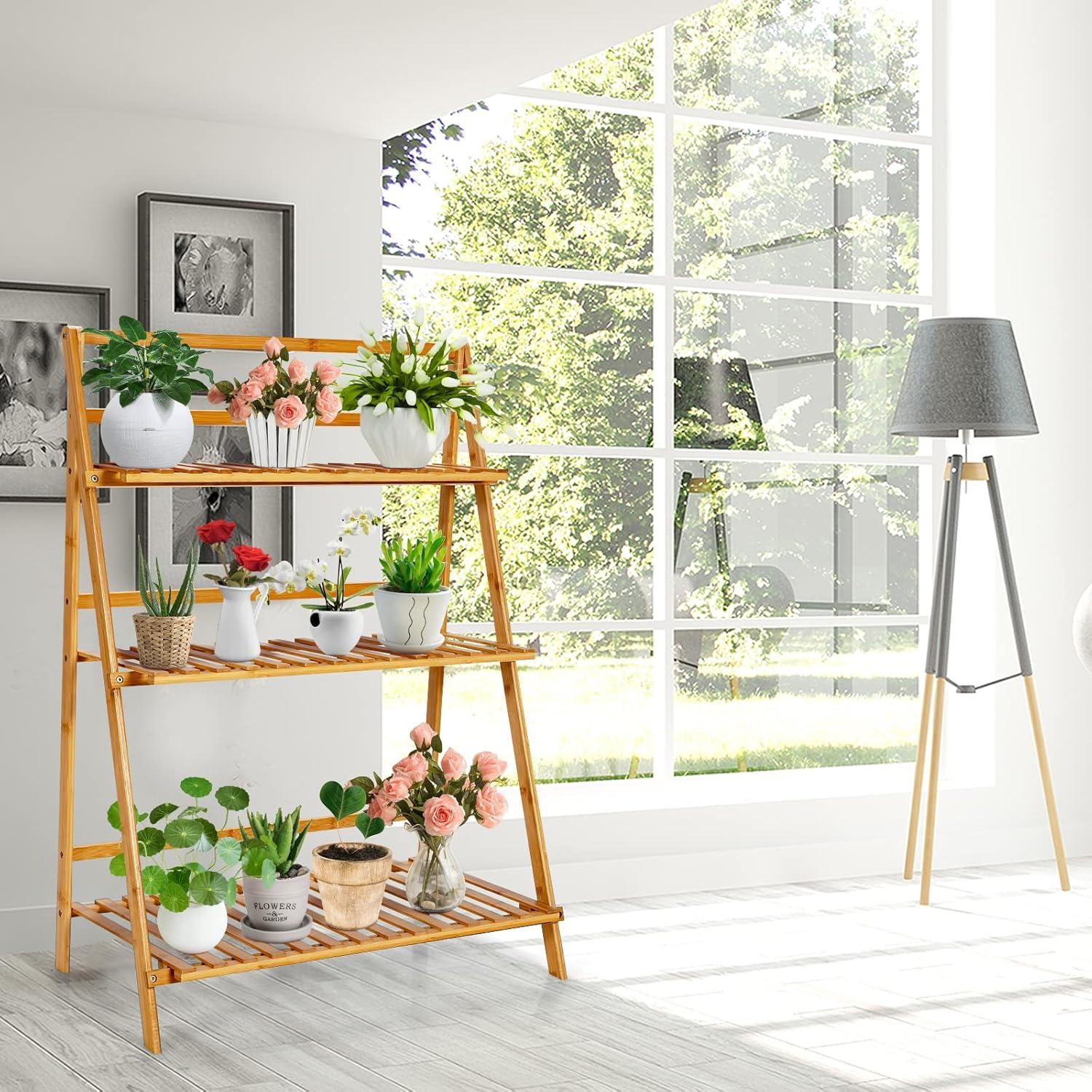 Natural Bamboo 3-Tier Foldable Ladder Plant Stand