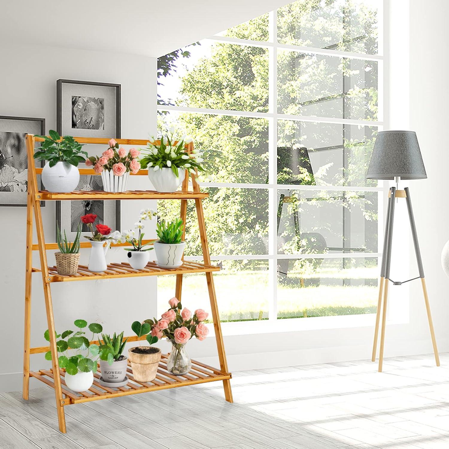 Costway Bamboo Ladder Plant Stand 3-Tier Foldable Flower Pot Display Shelf Rack Natural