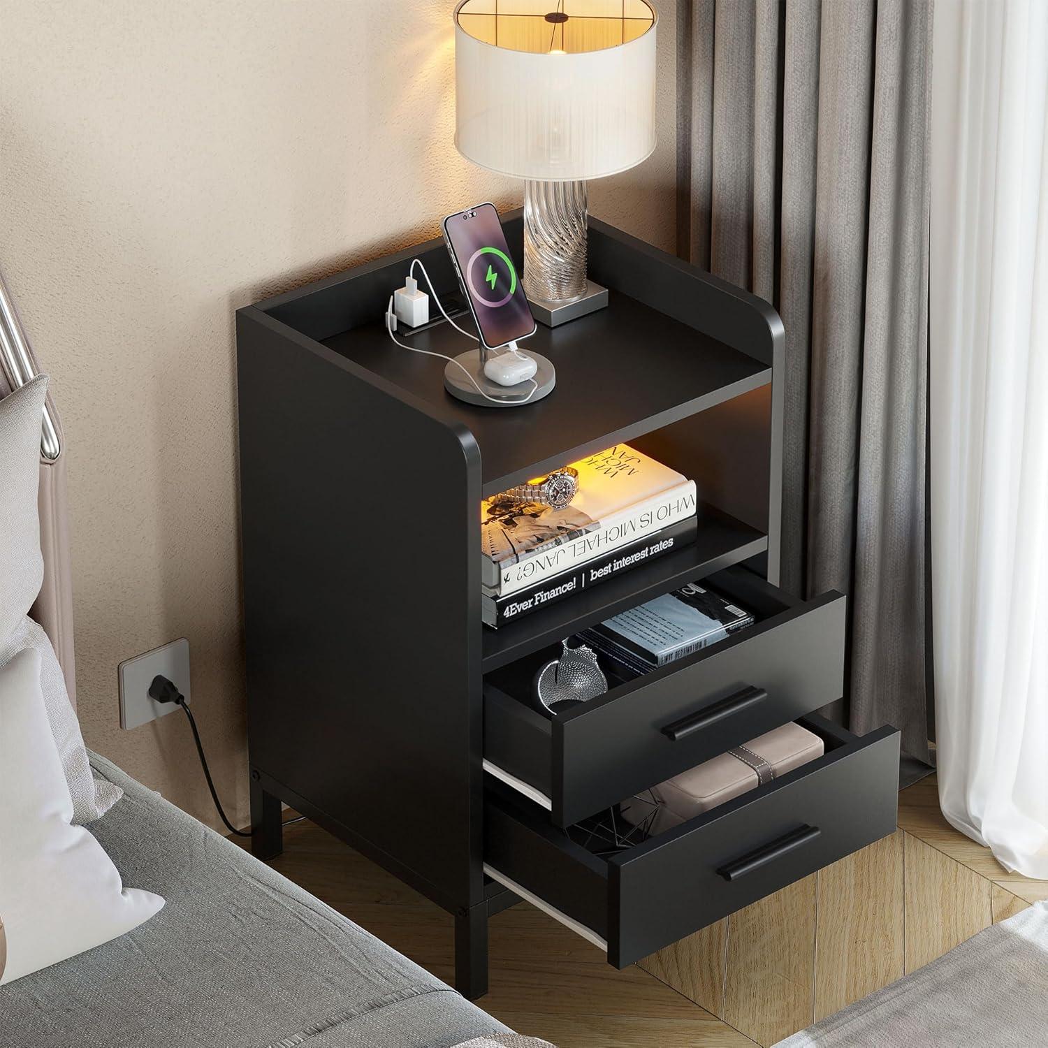 LED Nightstand with Charging Station, Side Table with USB Ports and Outlets, End Table for Small Spaces, Black Bedside Tables with Fabric-Wood 2-in-1 Drawer for Bedroom, Living Room, Office