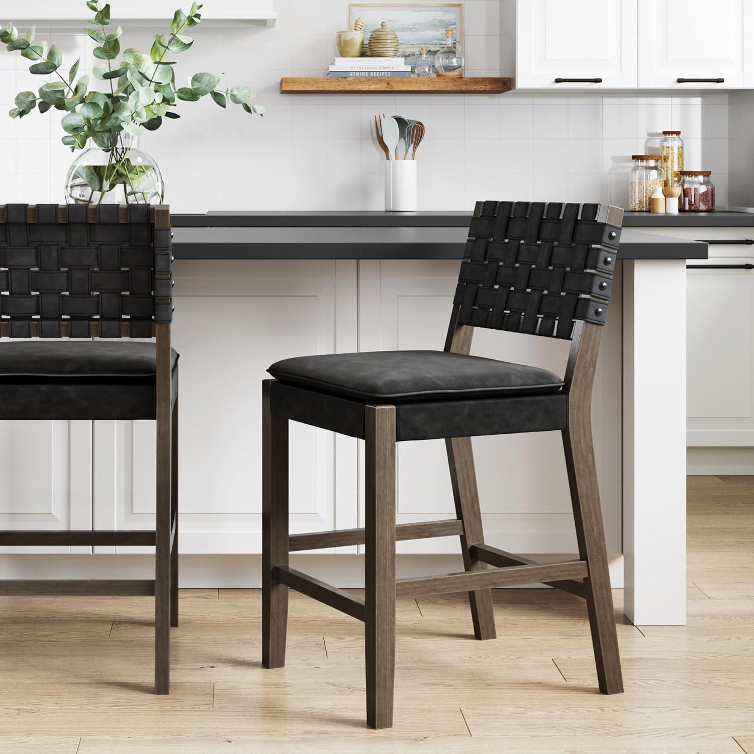 Nathan James Cohen Woven Faux Leather Counter Height Barstool Black: Rubberwood Frame, Saddle Seat, Stud Detail