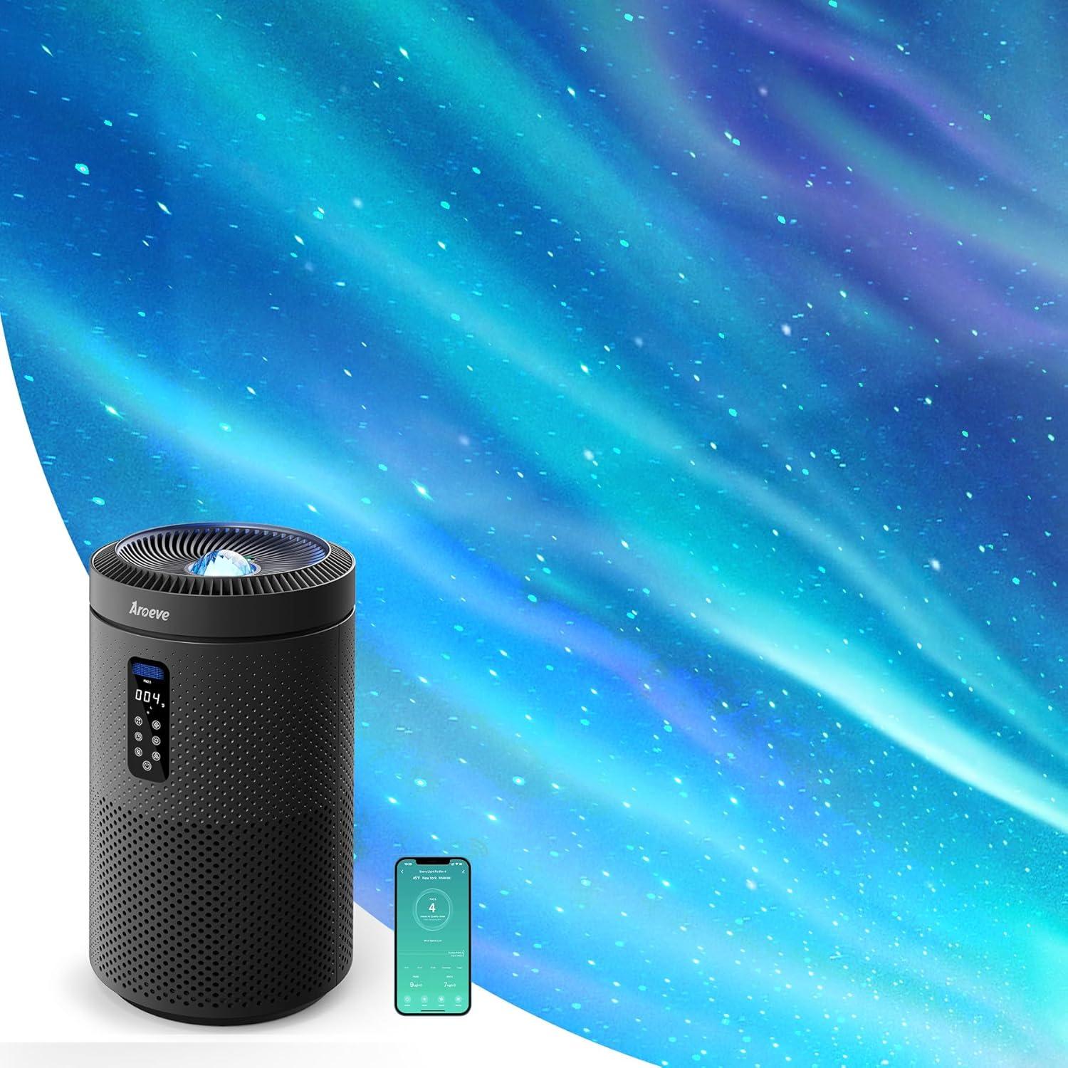 AROEVE Air Purifier for Large Rooms up to 1,782 Sq. Ft. with Star Projector, Smart WiFi, Air Quality Sensor, UV Function, and Washable Filter for Whole Home Use for a Cozy Holiday, MK09W Black