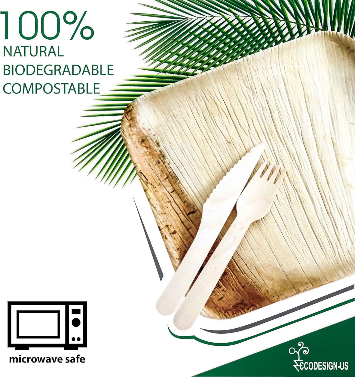 50 Disposable 8" Square Palm Leaf Plates, 50 Wood Forks, 50 Wood Knives - Party Pack of Eco-Friendly Dinnerware