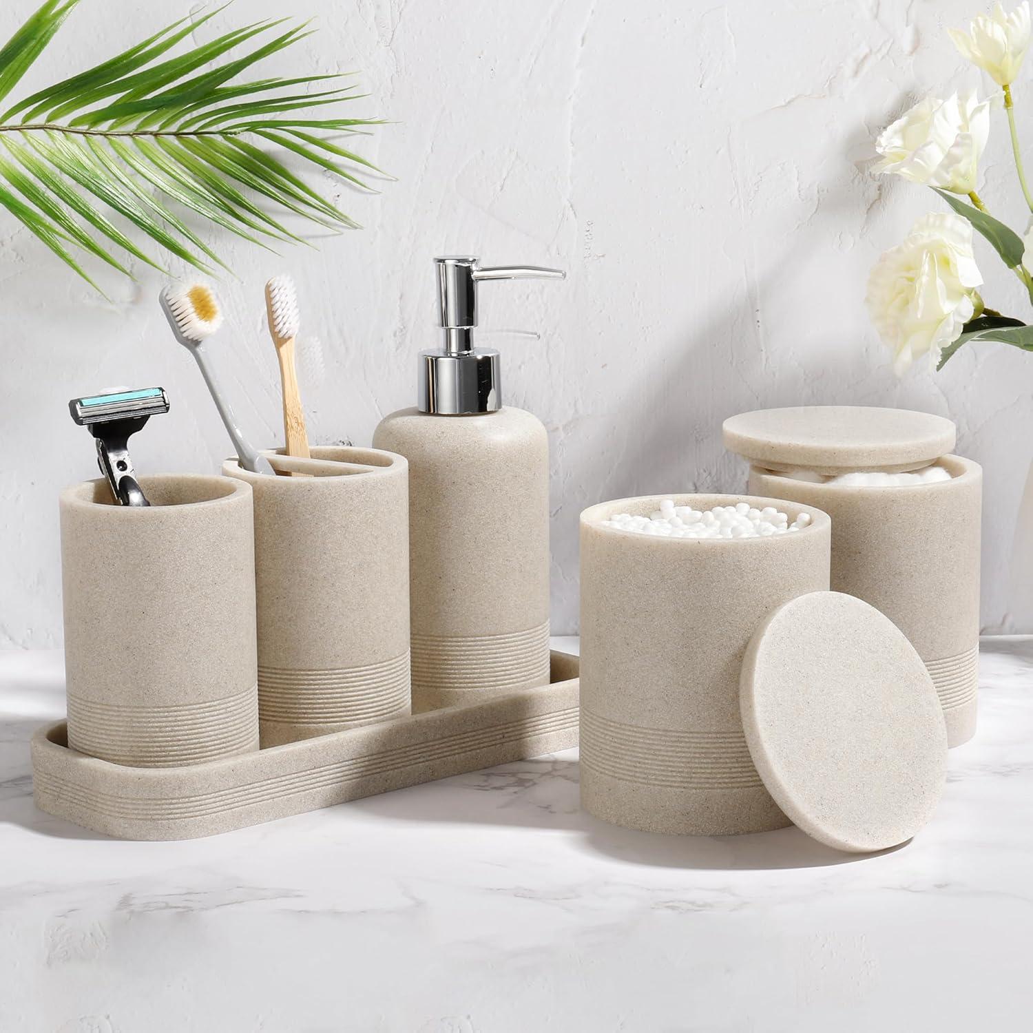 Beige Stone Textured 6-Piece Polyresin Bathroom Accessory Set