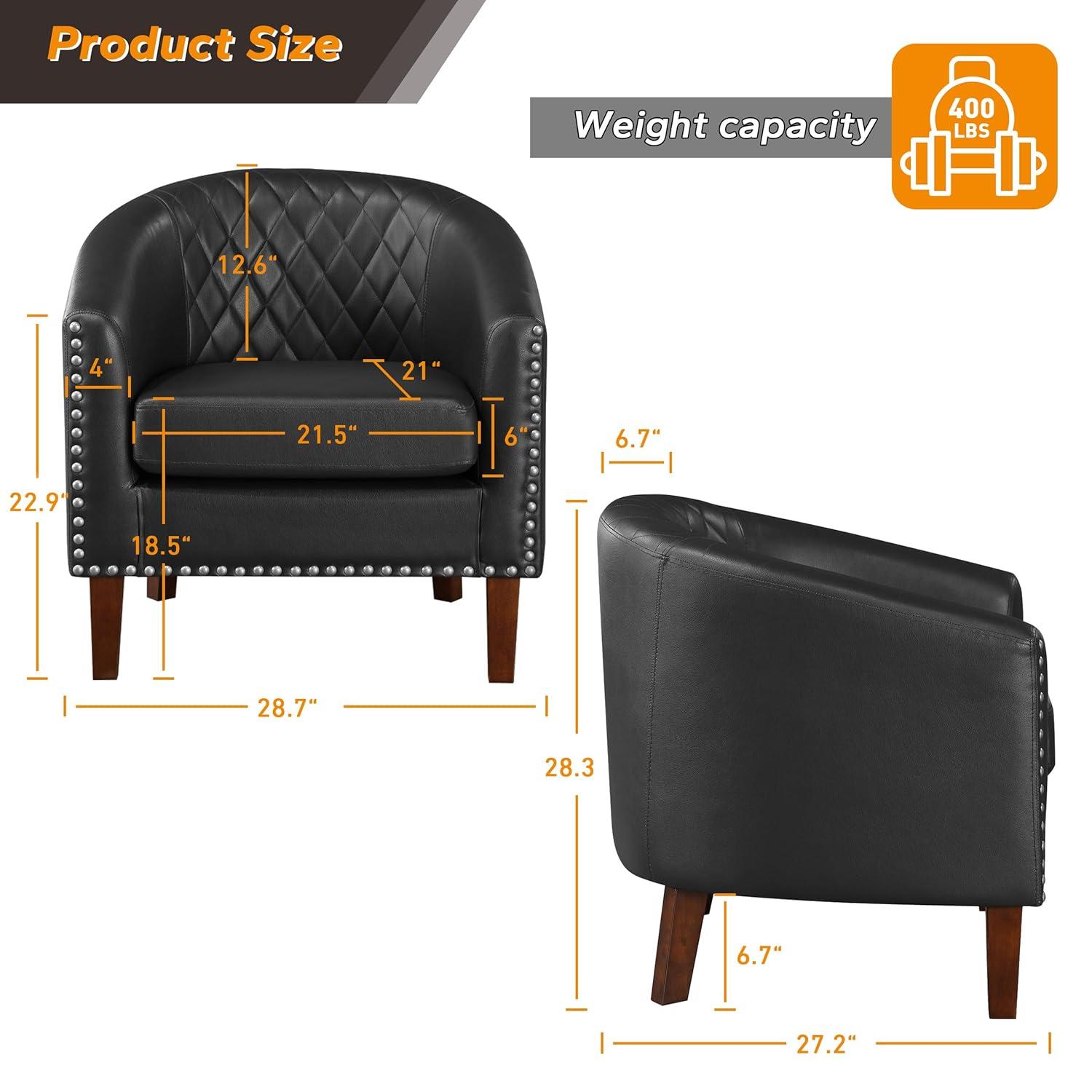 Prilinex Comfy Barrel Accent Chair Set of 2 - Faux Leather Living Room Chair Club Chair with Cushion, Diamond Grid Backrest & Nailhead Trim, Guest Chair for Office, Bedroom & Waiting Room, Black