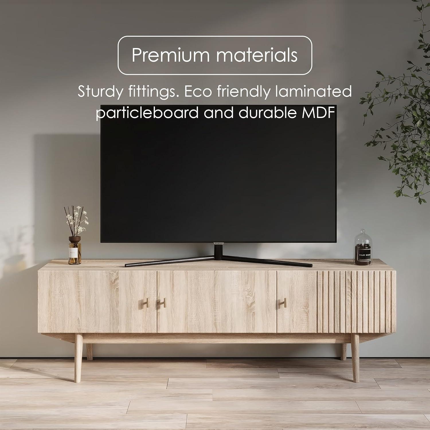Living Skog  Chelsea Brown TV Stand Fits for TV's up to 65 in. with Slatted Design and Wood Legs Beige Matte Laminate, MDF