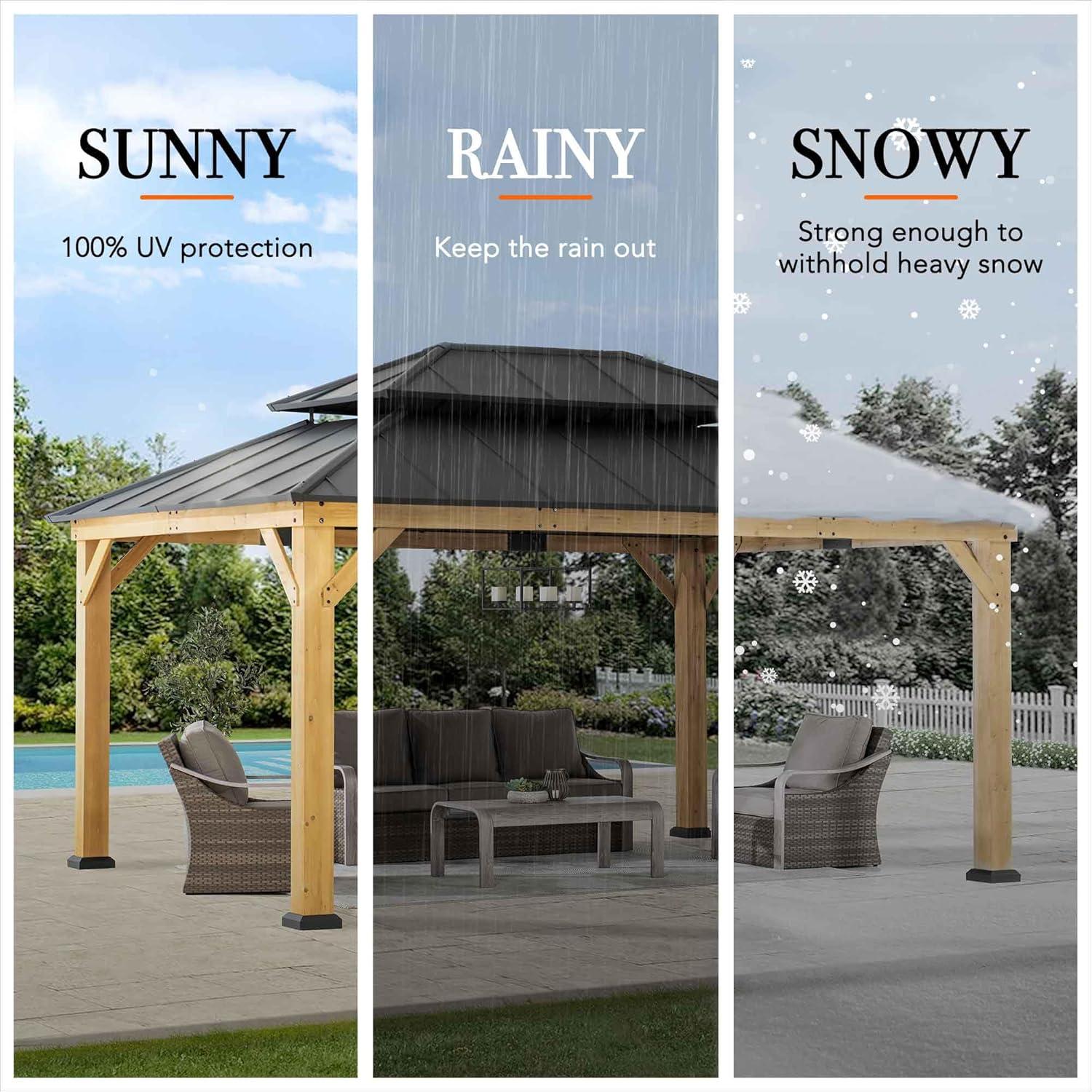 Sunjoy Sunjoy 12x16 ft. Wood Gazebo, Outdoor Patio Steel Hardtop Gazebo, Cedar Framed Wooden Gazebo with 2-tier Metal Roof, Suitable for Patios, Lawn and Backyard